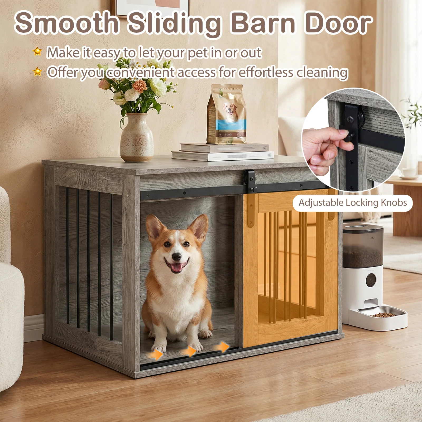 Heavy Duty Dog Crate Furniture, Sliding Barn Door, Gray - Image 9