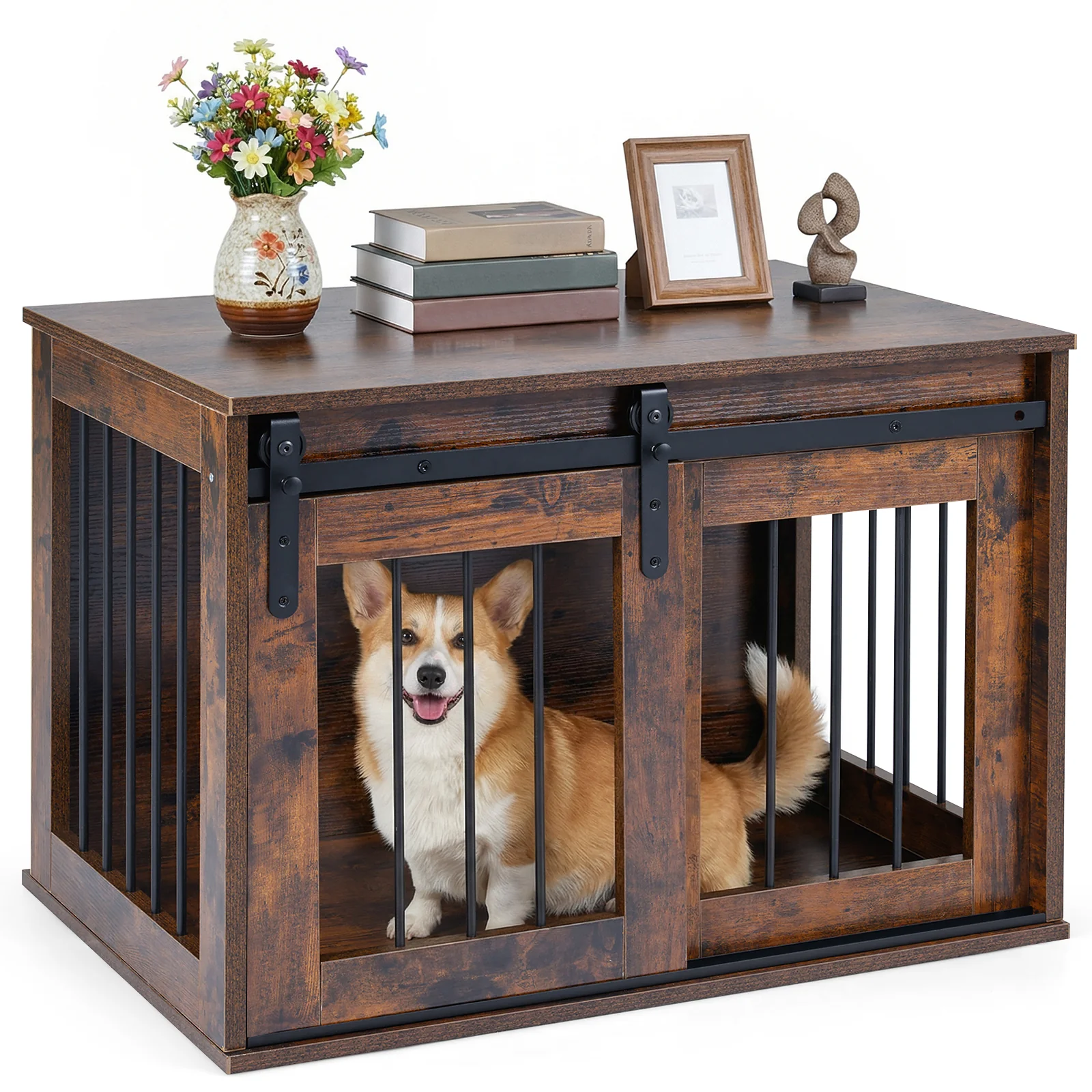 Heavy Duty Dog Crate Furniture, Sliding Barn Door, Brown
