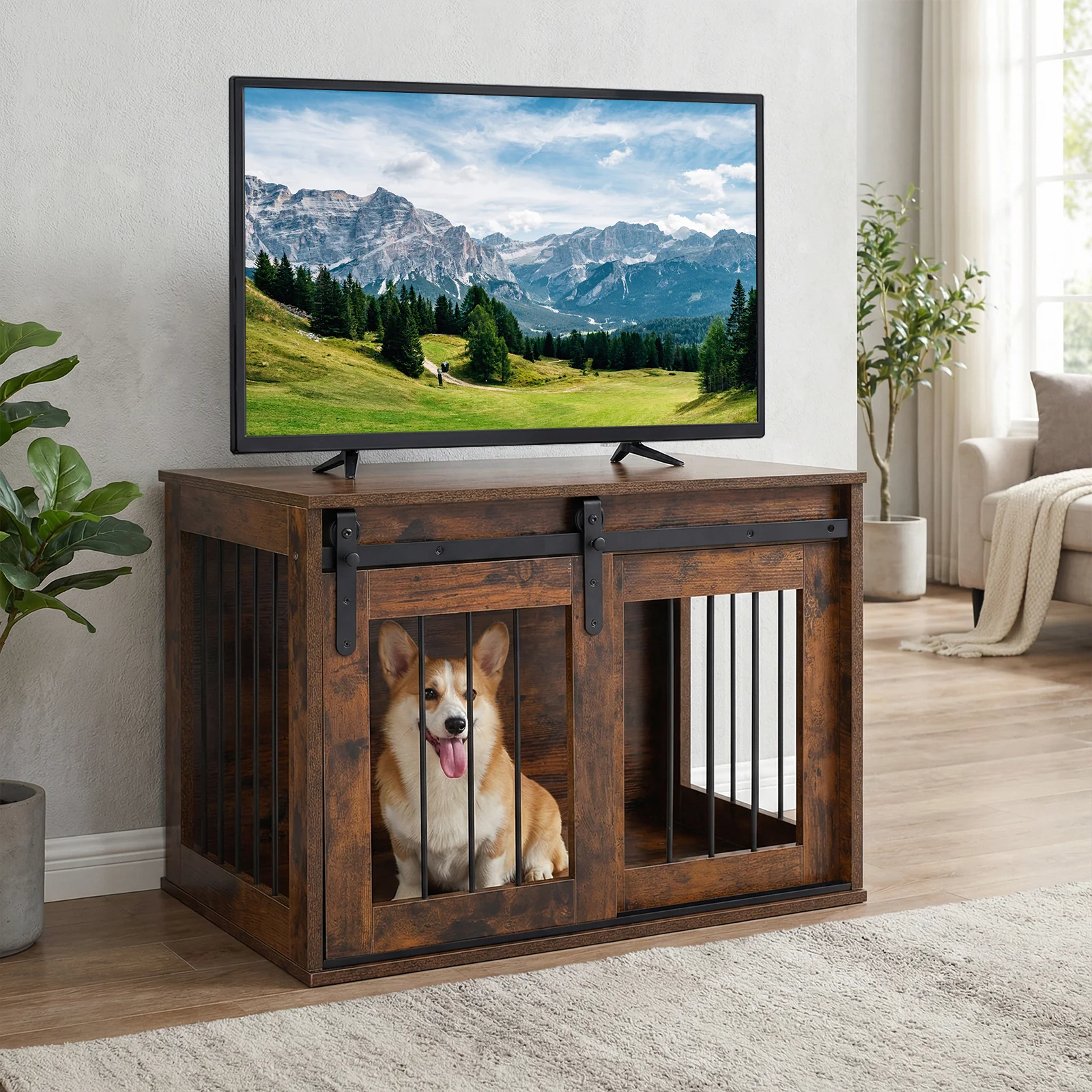Heavy Duty Dog Crate Furniture, Sliding Barn Door, Brown - Image 2