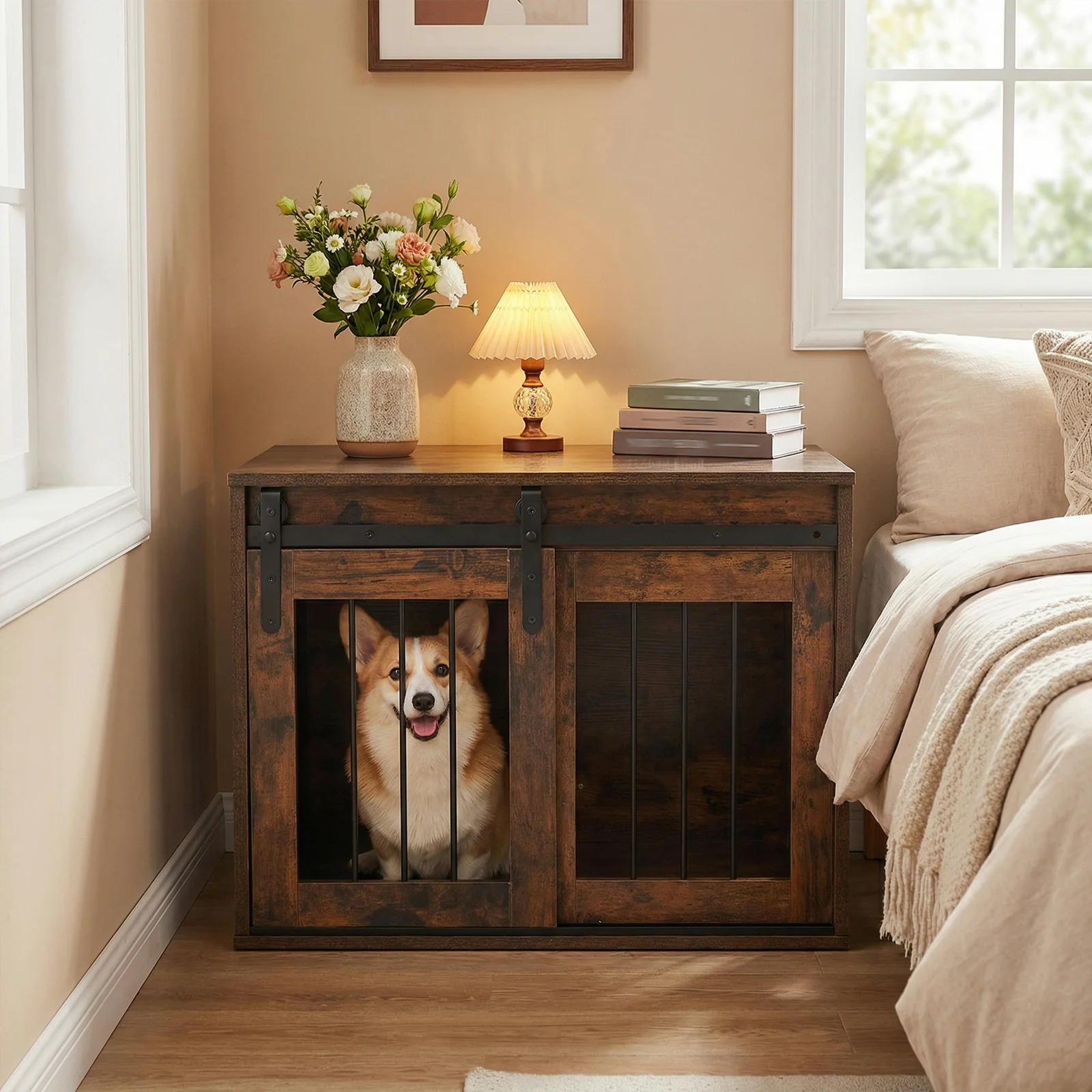 Heavy Duty Dog Crate Furniture, Sliding Barn Door, Brown - Image 3