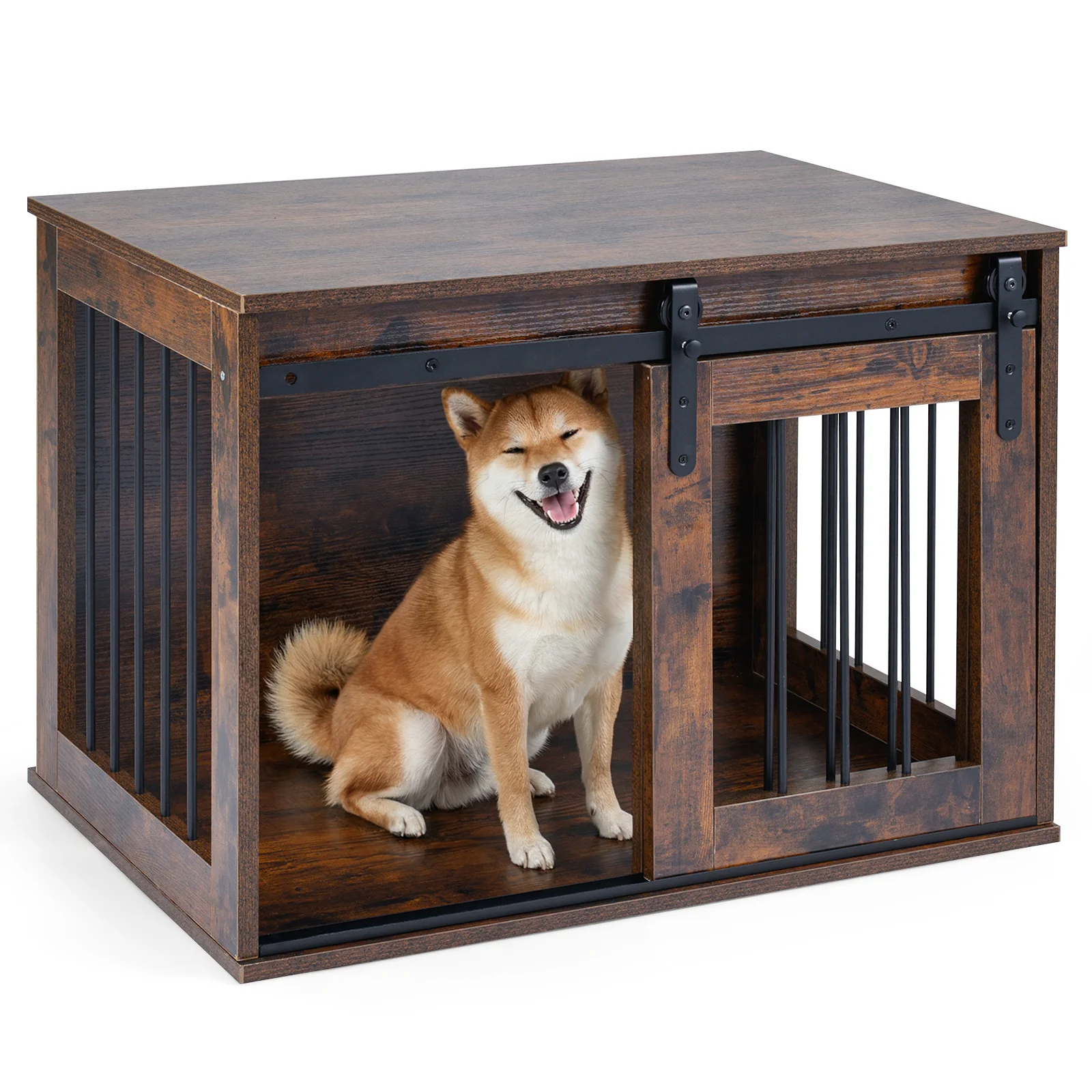 Heavy Duty Dog Crate Furniture, Sliding Barn Door, Brown - Image 4