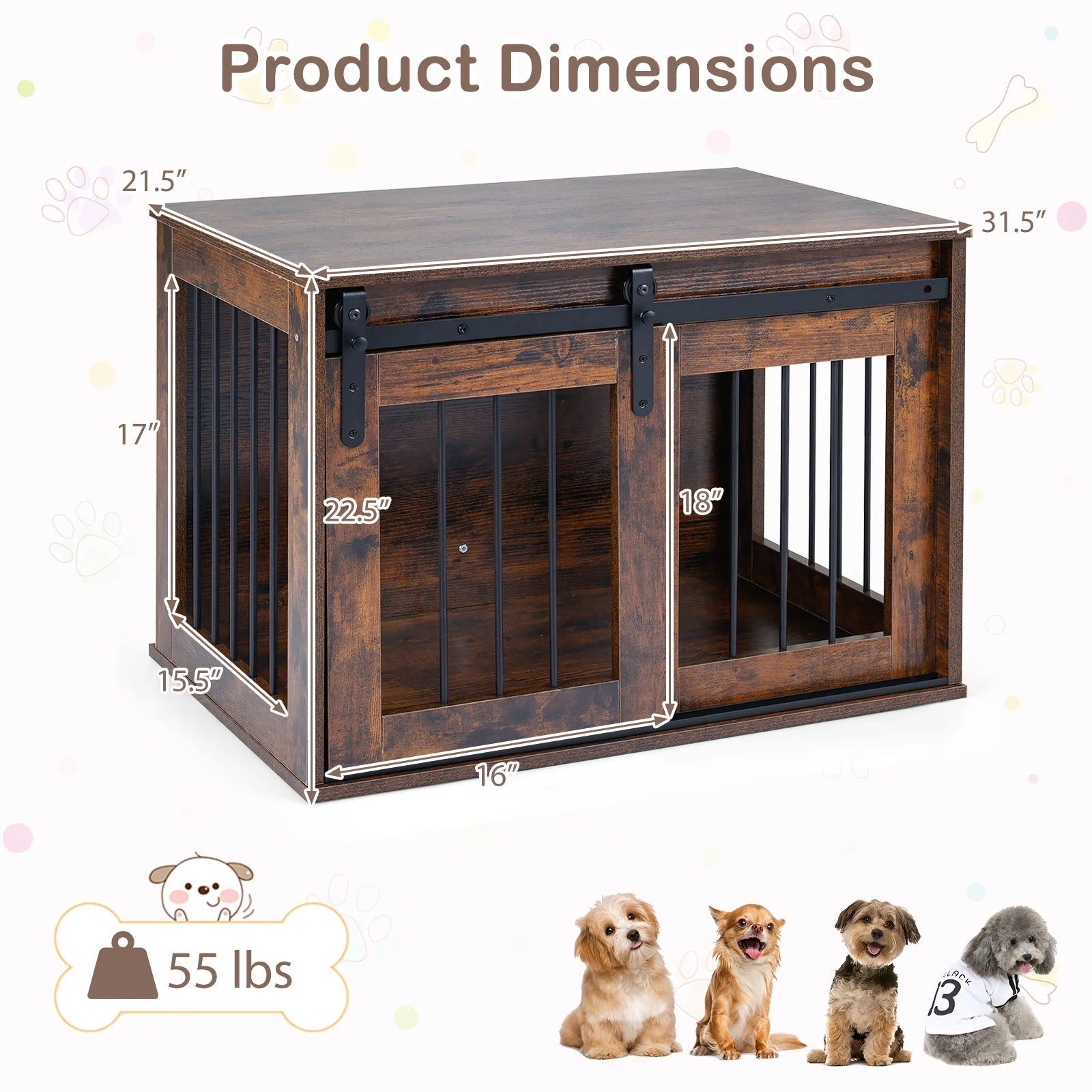 Heavy Duty Dog Crate Furniture, Sliding Barn Door, Brown - Image 5