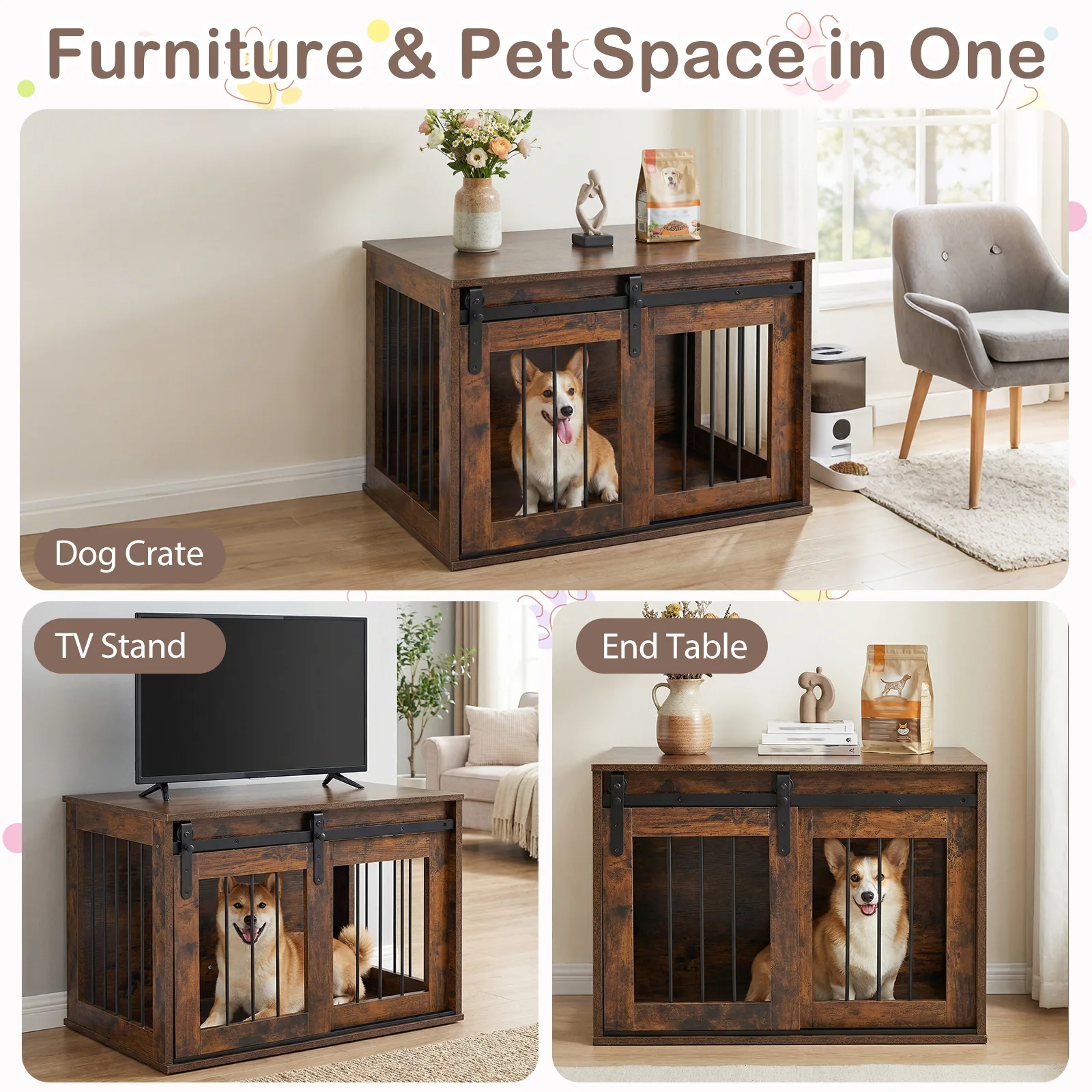 Heavy Duty Dog Crate Furniture, Sliding Barn Door, Brown - Image 6
