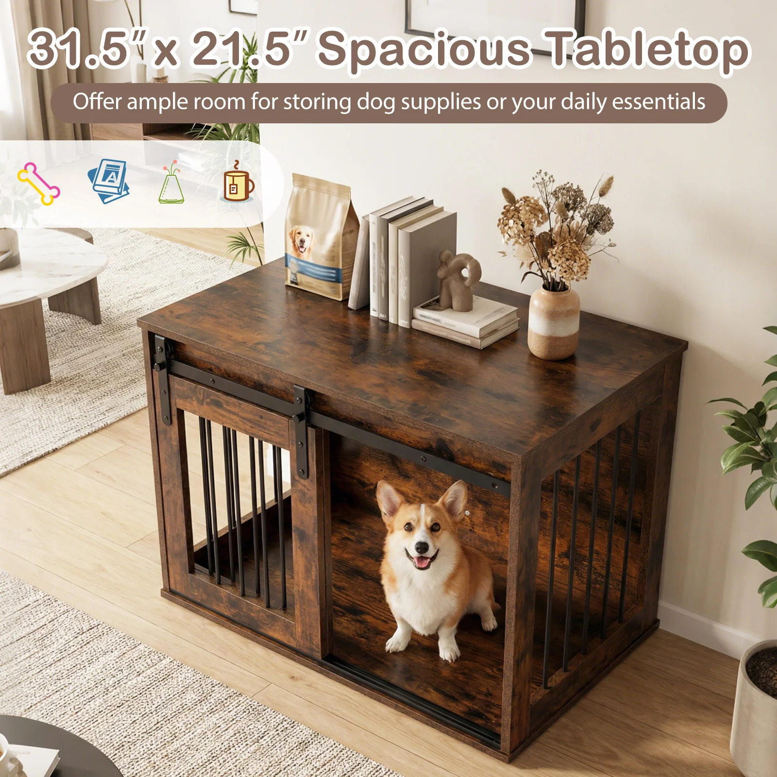 Heavy Duty Dog Crate Furniture, Sliding Barn Door, Brown - Image 7