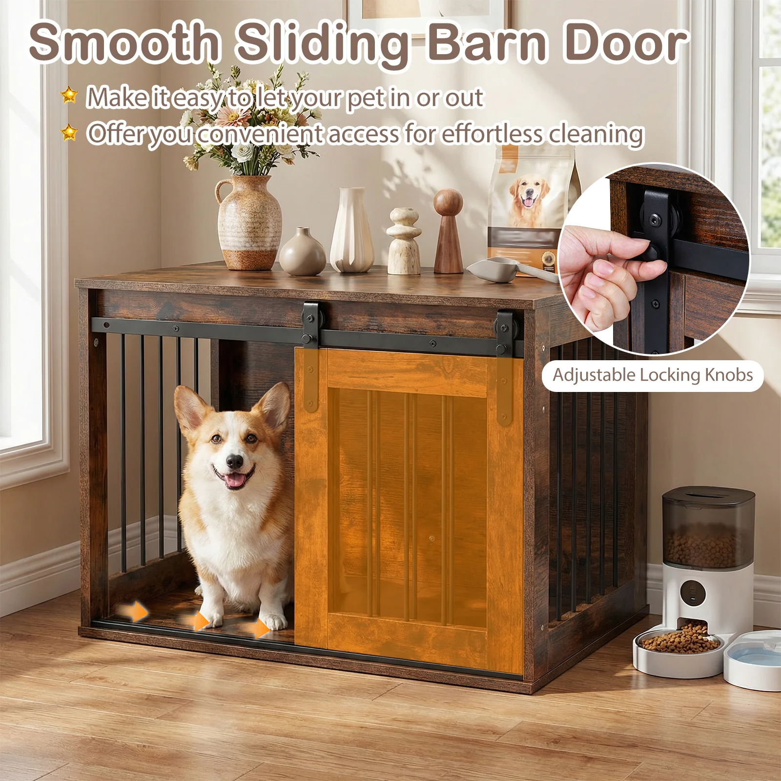 Heavy Duty Dog Crate Furniture, Sliding Barn Door, Brown - Image 9