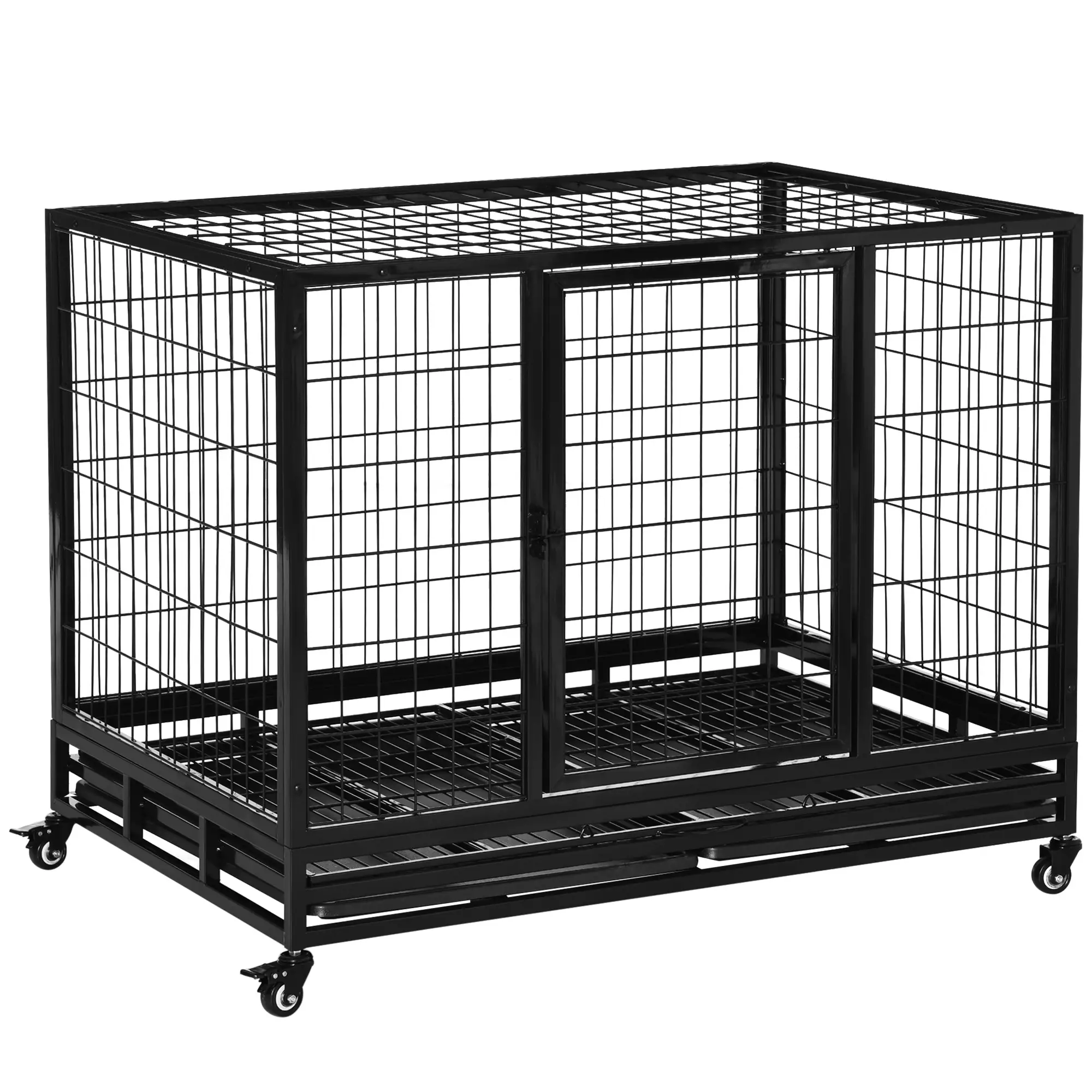 Heavy Duty Dog Crate, Large, 43" x 30" x 32", Two Doors, Lockable Wheels, Removable Tray