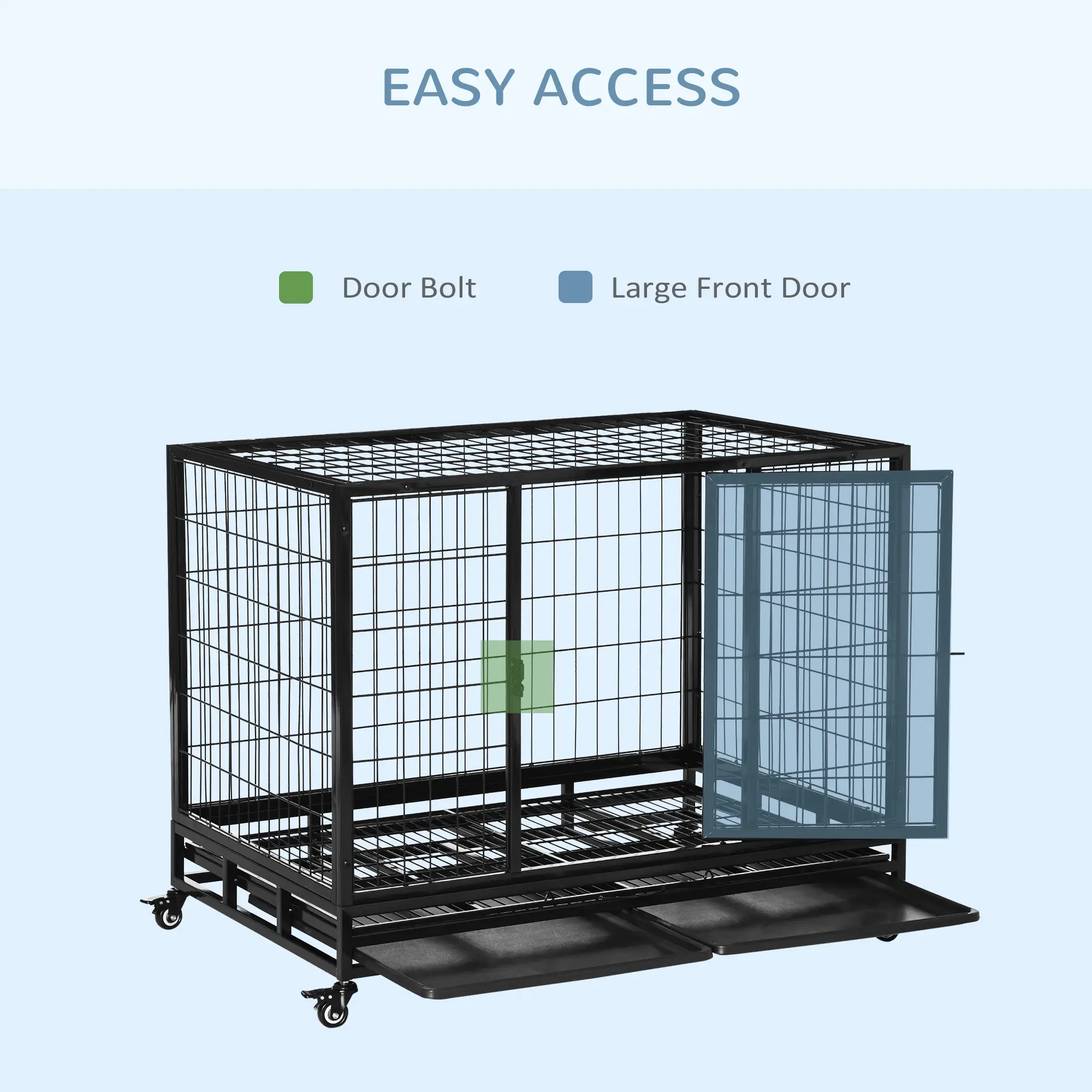 Heavy Duty Dog Crate, Large, 43" x 30" x 32", Two Doors, Lockable Wheels, Removable Tray - Image 5
