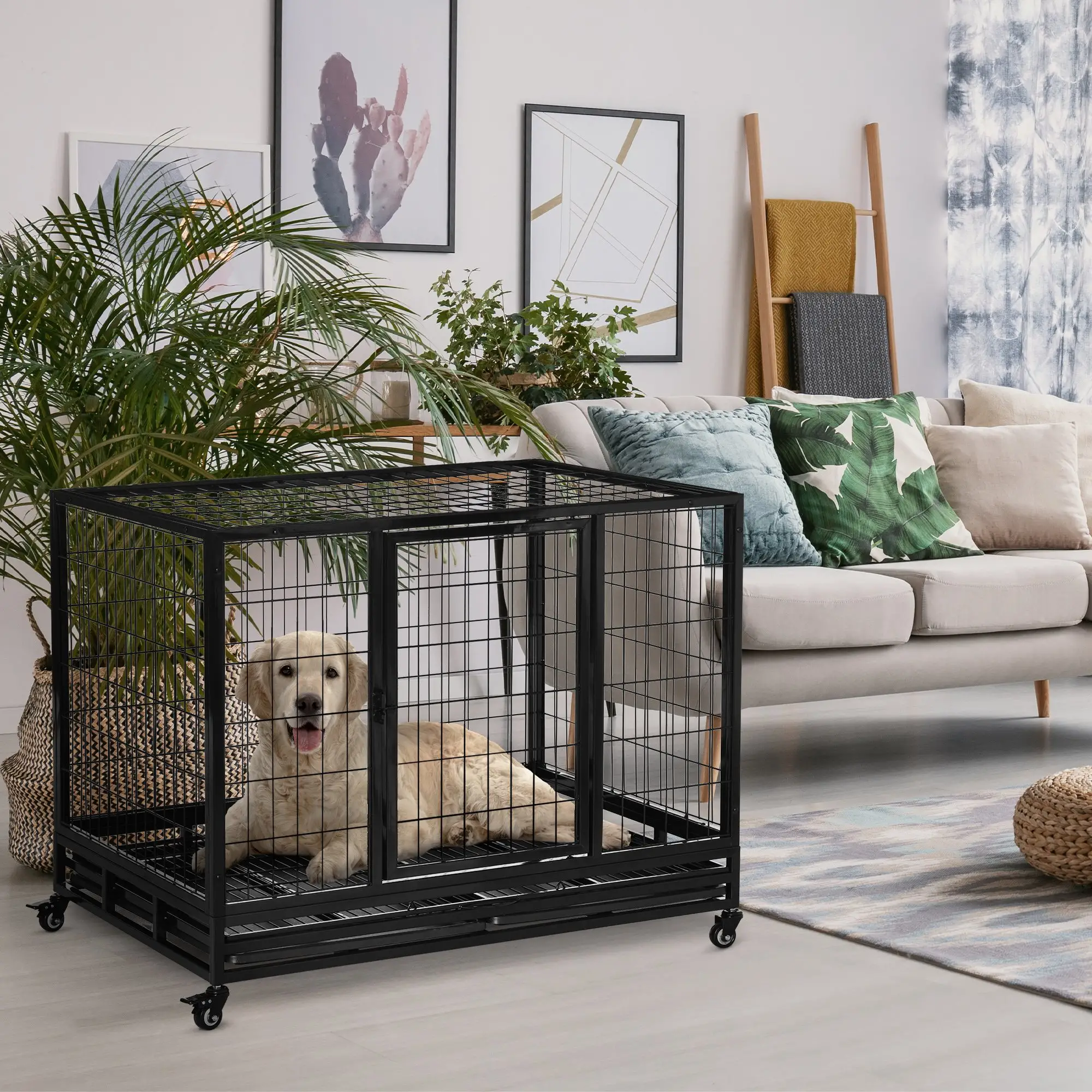 Heavy Duty Dog Crate, Large, 43" x 30" x 32", Two Doors, Lockable Wheels, Removable Tray - Image 8
