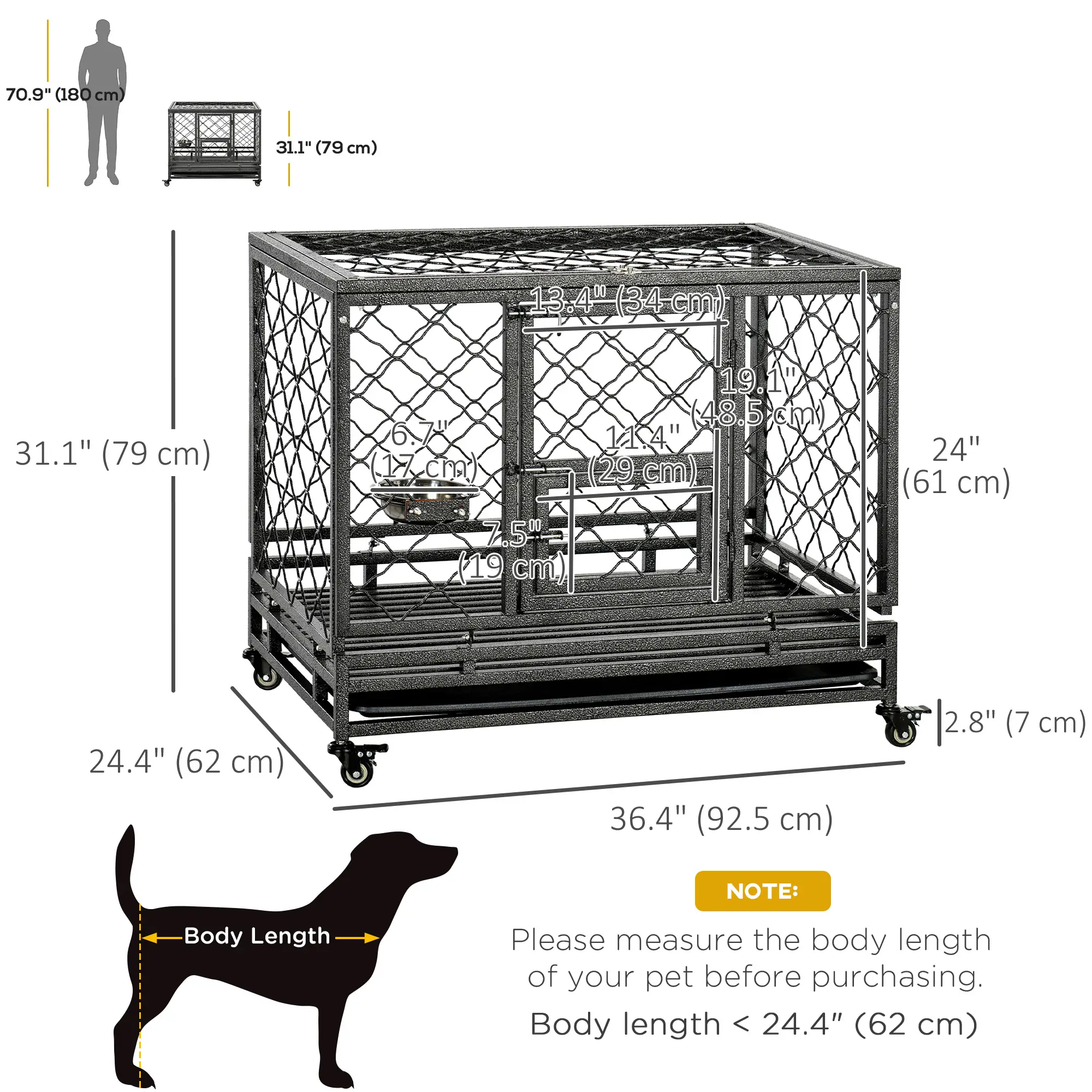 Heavy Duty Dog Crate With Wheels, Openable Top, Removable Tray, 36.4" x 24.4" x 31.1" - Image 3