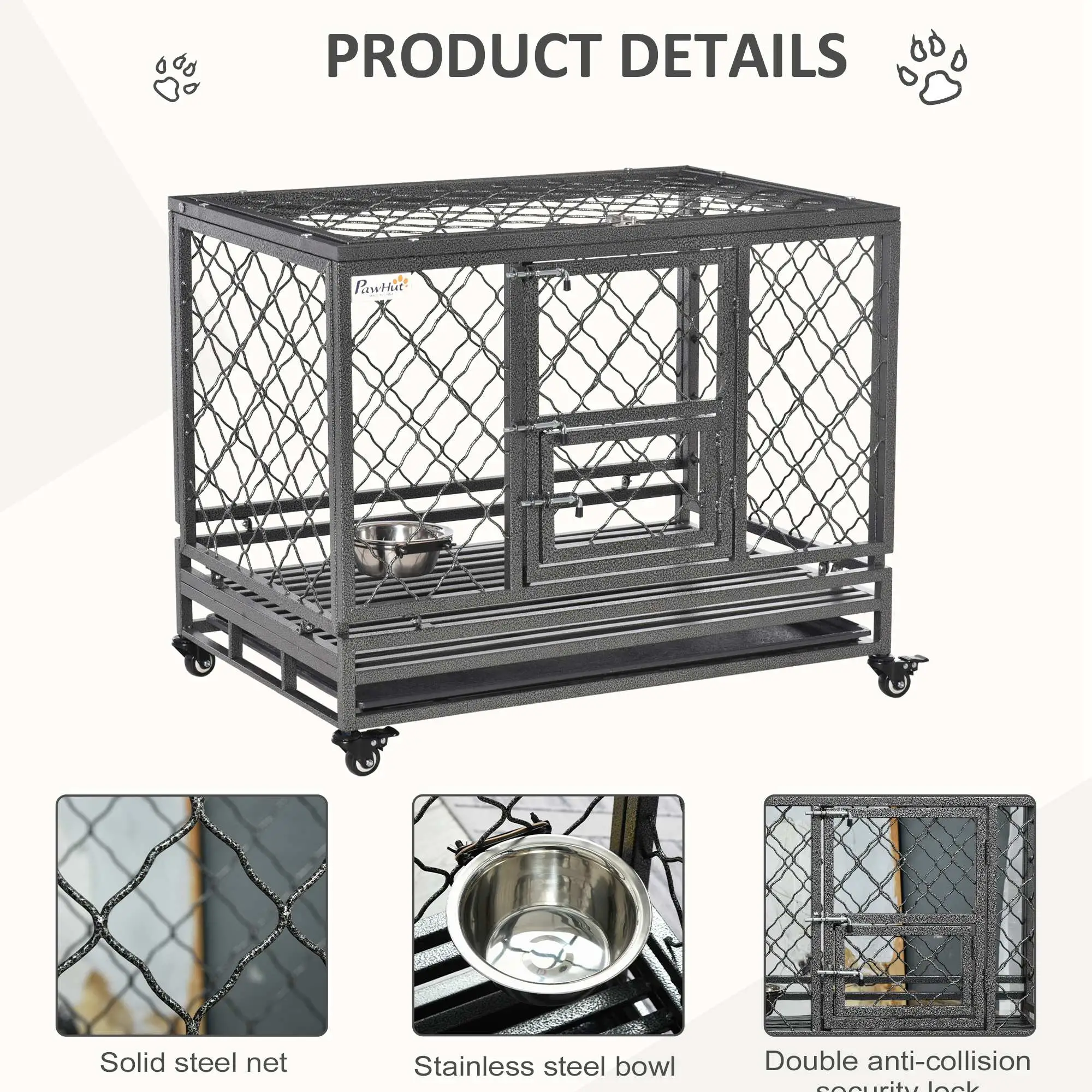 Heavy Duty Dog Crate With Wheels, Openable Top, Removable Tray, 36.4" x 24.4" x 31.1" - Image 5