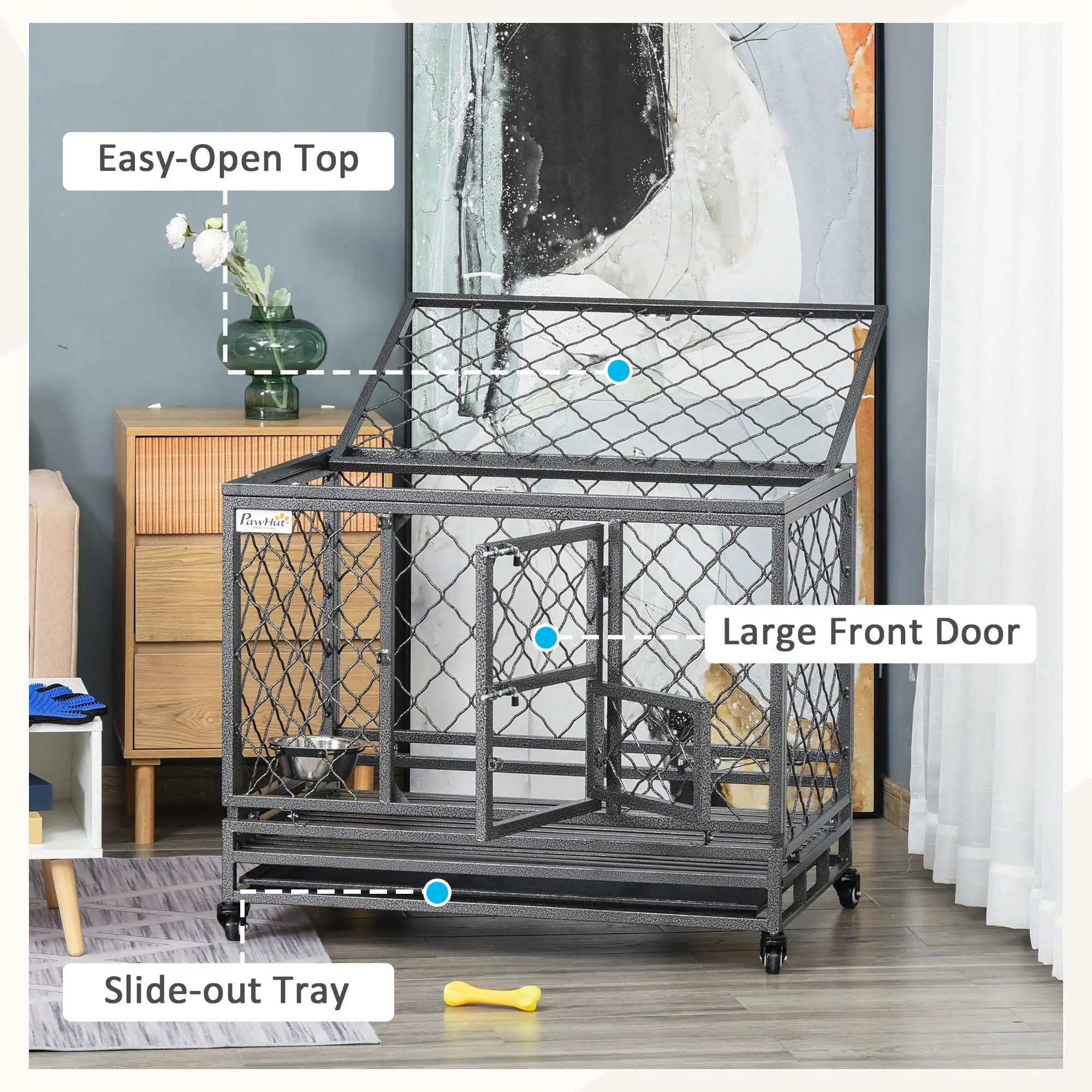Heavy Duty Dog Crate With Wheels, Openable Top, Removable Tray, 36.4" x 24.4" x 31.1" - Image 9