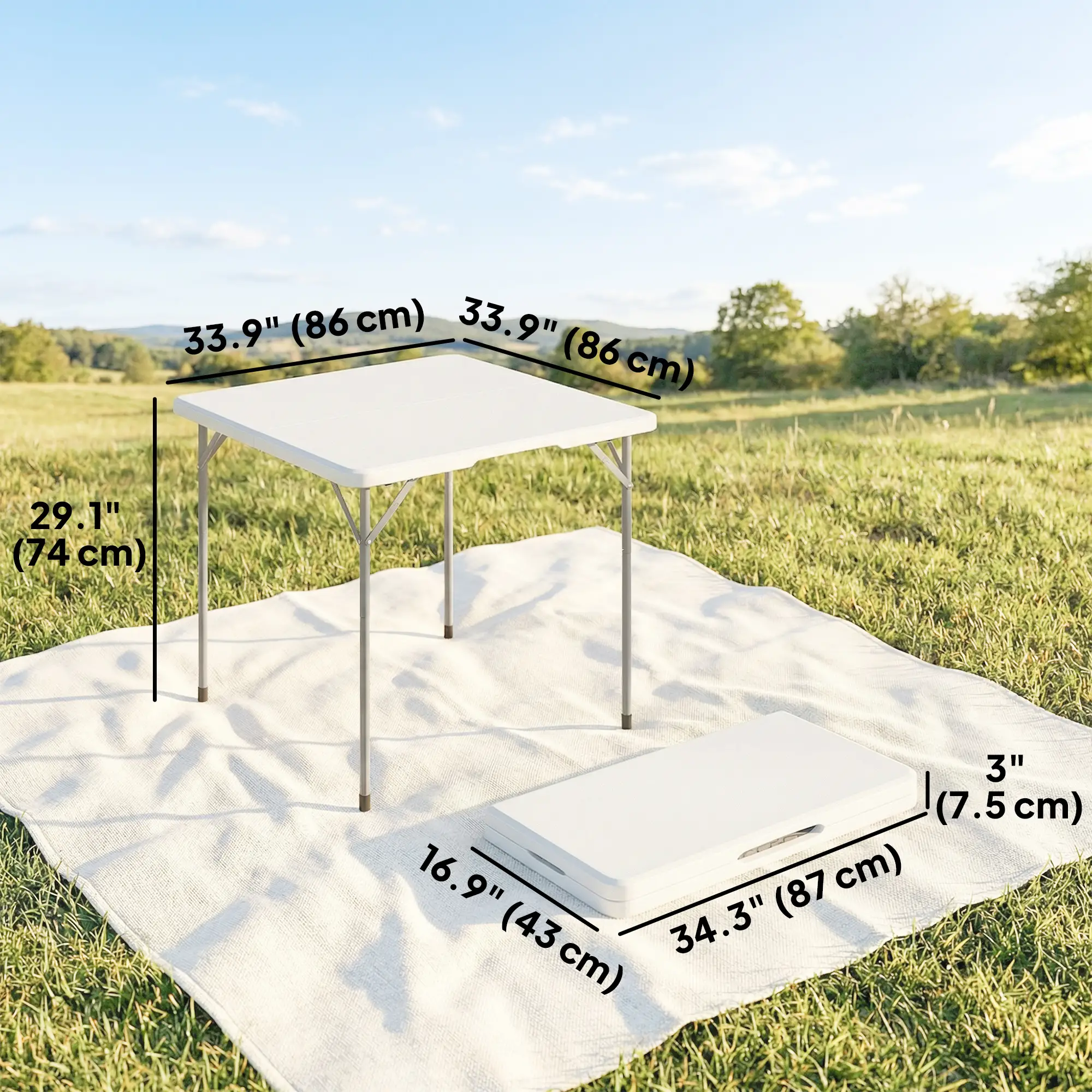 Heavy Duty Folding Picnic Table, 34" x 34", Indoor Outdoor Camping, White - Image 3