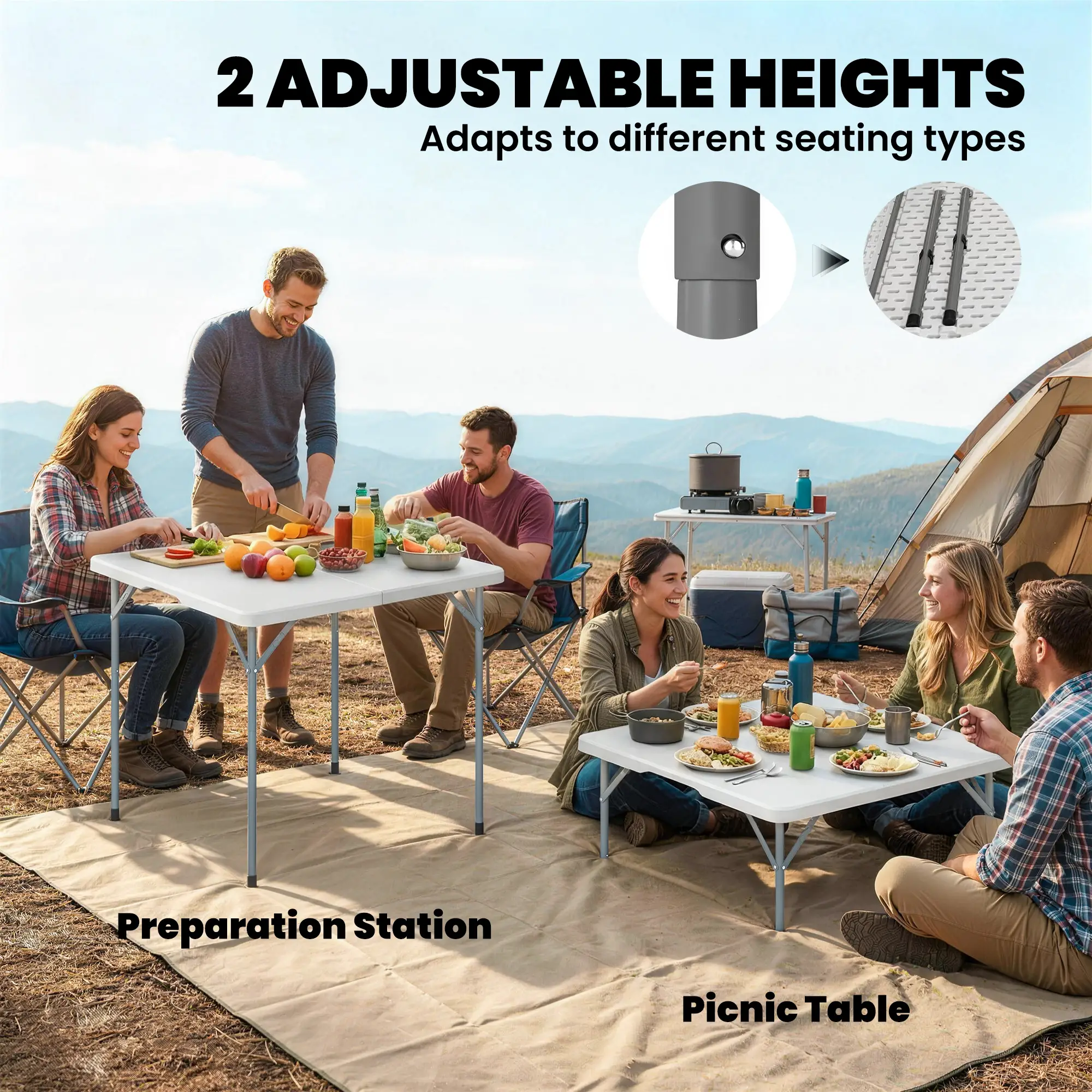 Heavy Duty Folding Picnic Table, 34" x 34", Indoor Outdoor Camping, White - Image 6