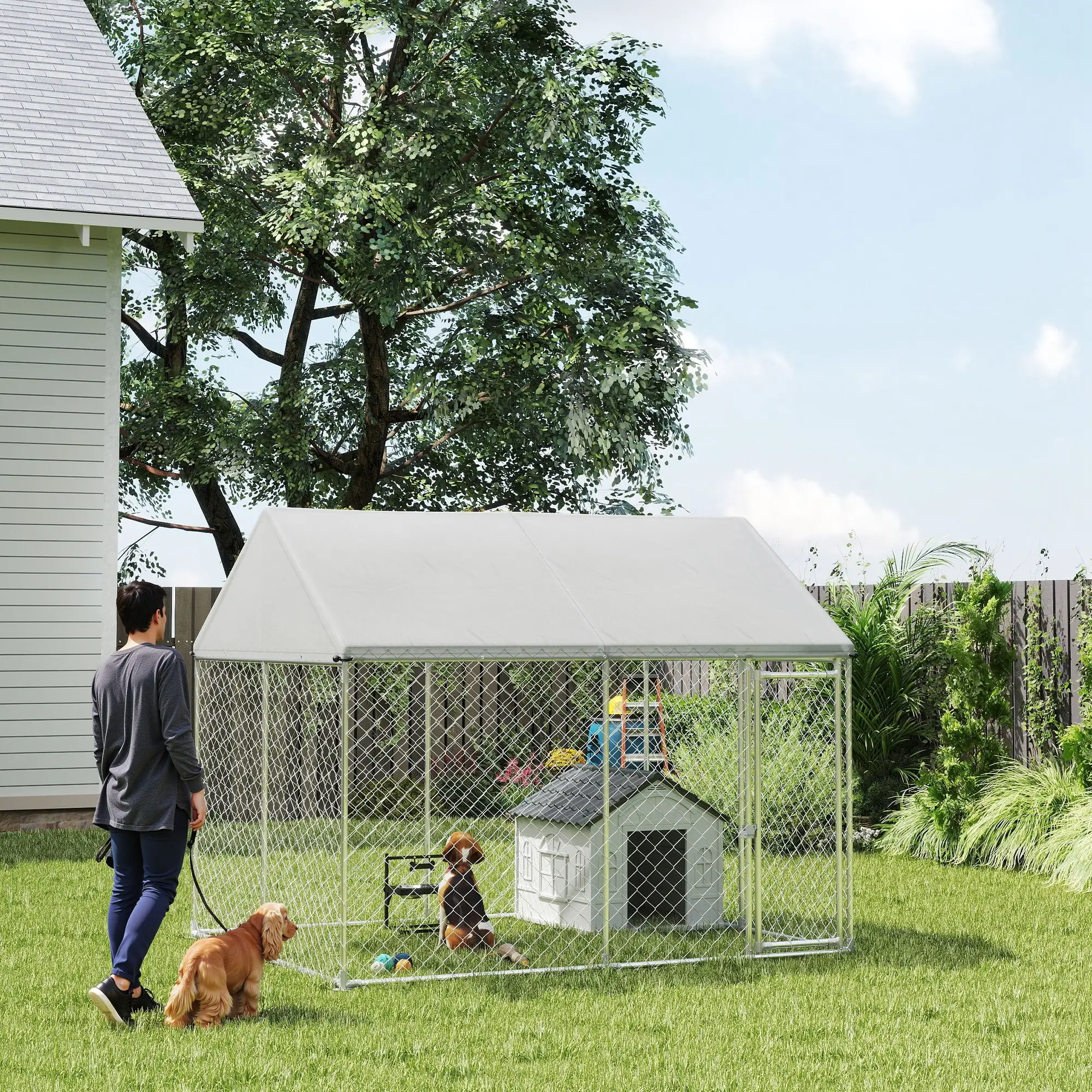 Heavy Duty Galvanized Steel Outdoor Dog Kennel with Waterproof Roof, Safety Lockable Latch System, 9.2' x 7.5' x 7.2' - Image 2
