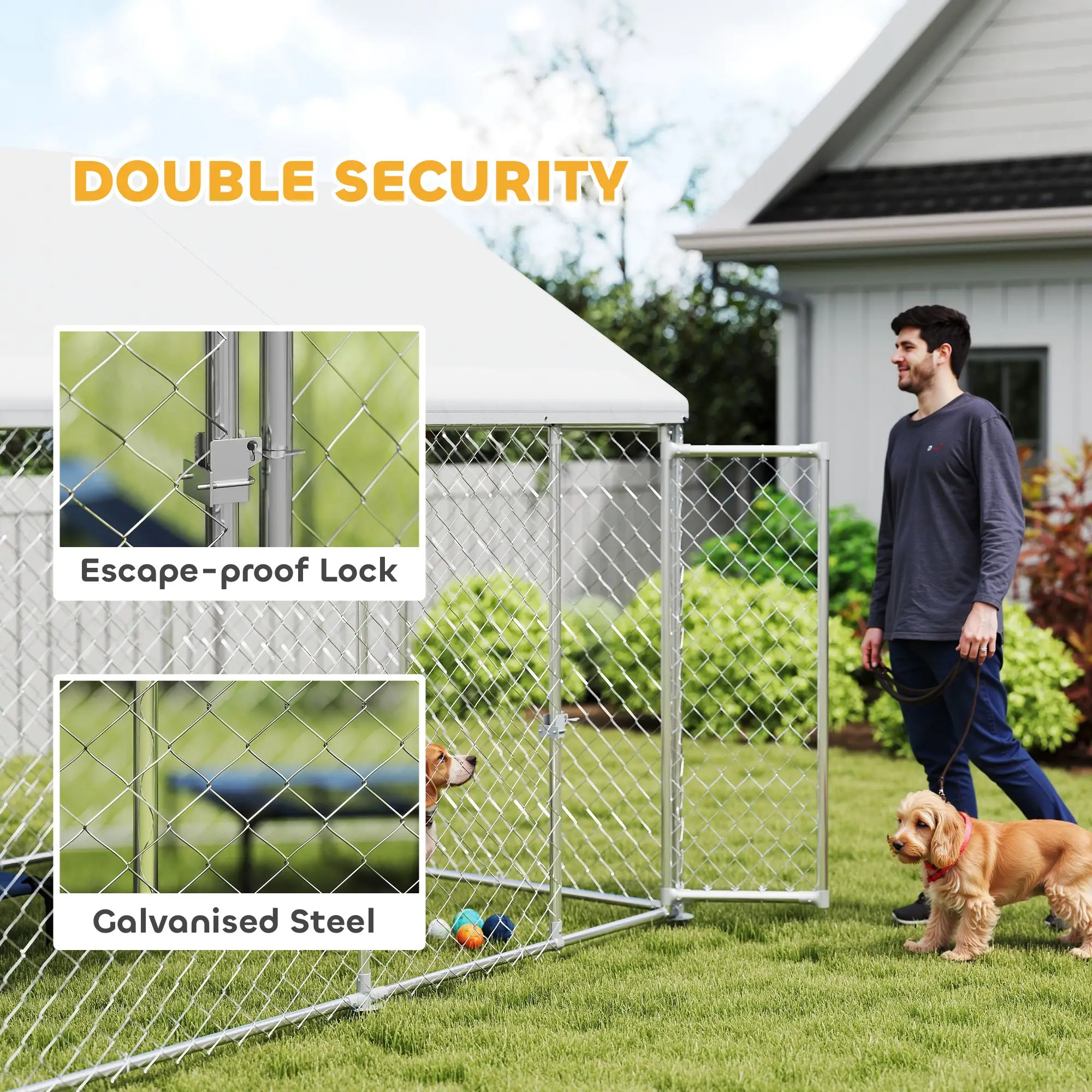 Heavy Duty Galvanized Steel Outdoor Dog Kennel with Waterproof Roof, Safety Lockable Latch System, 9.2' x 7.5' x 7.2' - Image 6