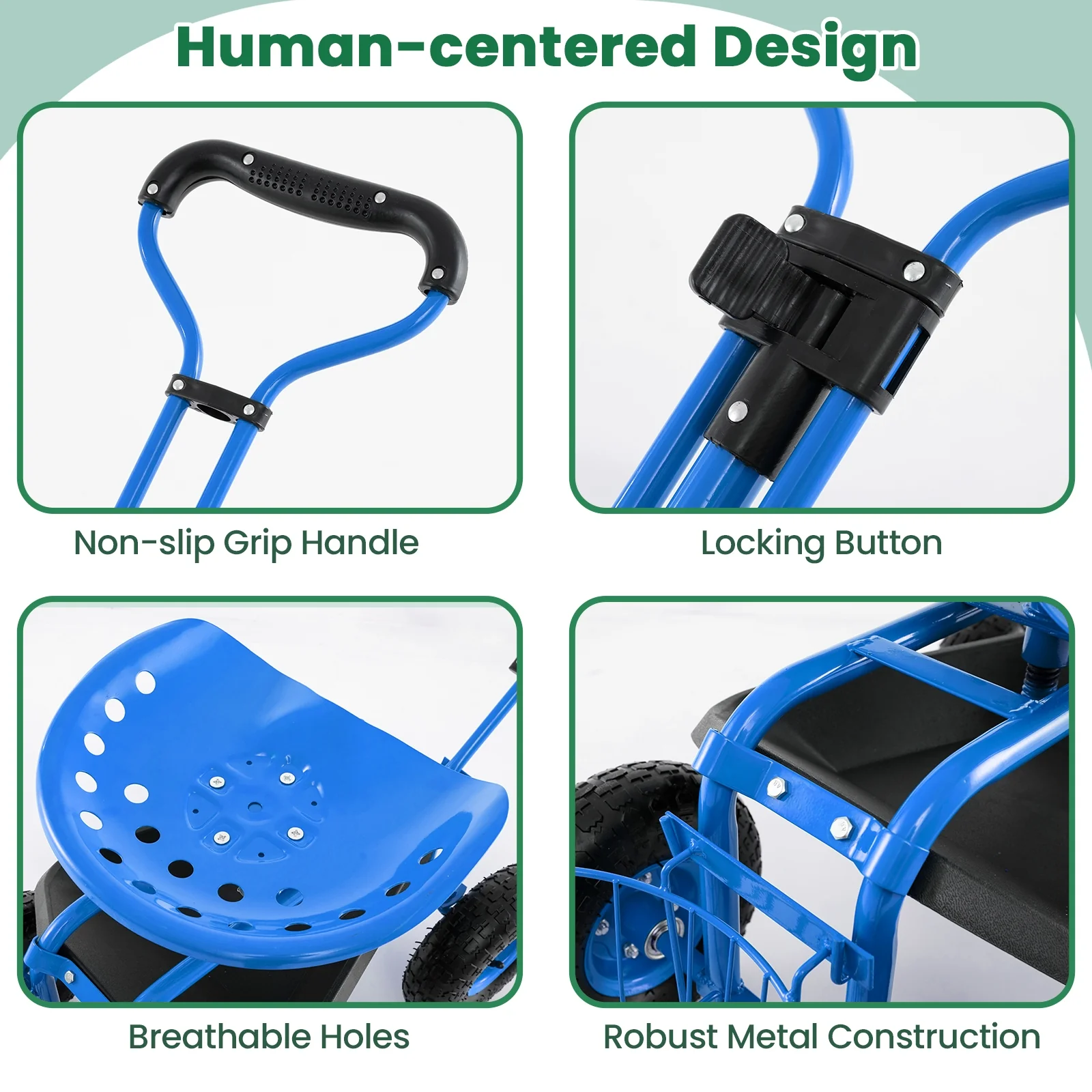Heavy Duty Garden Cart With Tool Tray, 360 Swivel Seat, Blue - Image 10