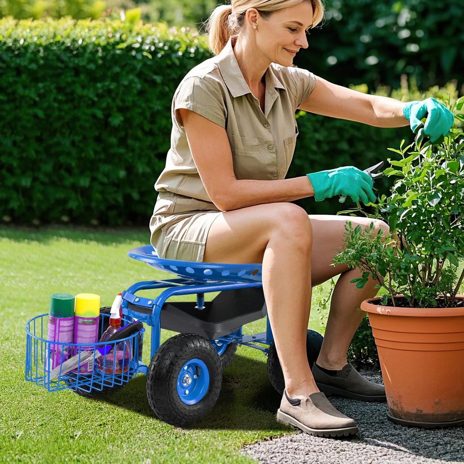 Heavy Duty Garden Cart With Tool Tray, 360 Swivel Seat, Blue - Image 2