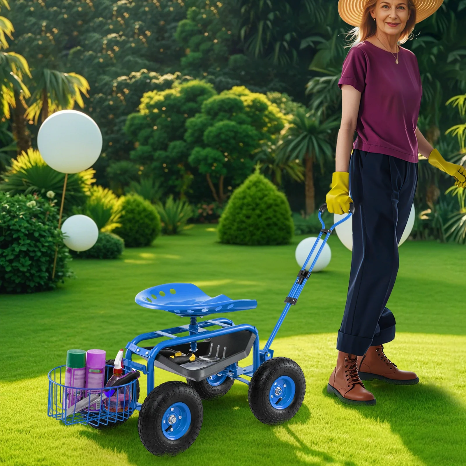 Heavy Duty Garden Cart With Tool Tray, 360 Swivel Seat, Blue - Image 3