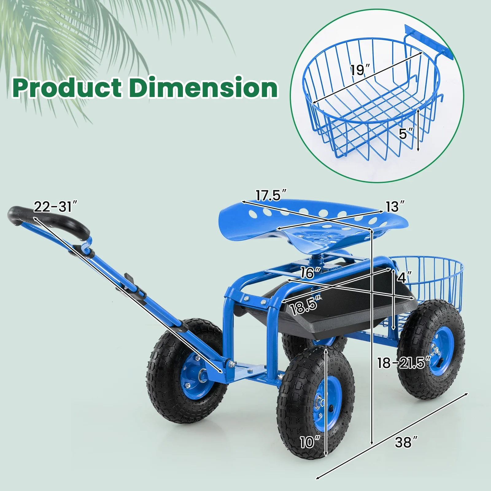 Heavy Duty Garden Cart With Tool Tray, 360 Swivel Seat, Blue - Image 6
