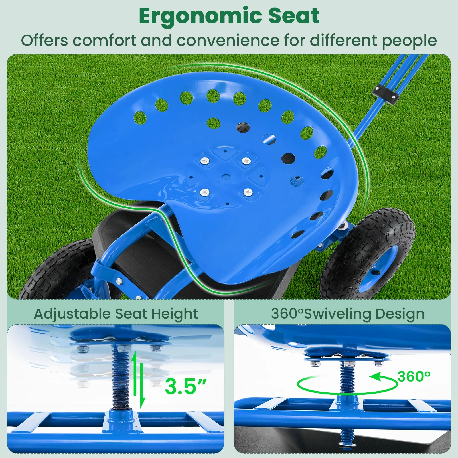 Heavy Duty Garden Cart With Tool Tray, 360 Swivel Seat, Blue - Image 7