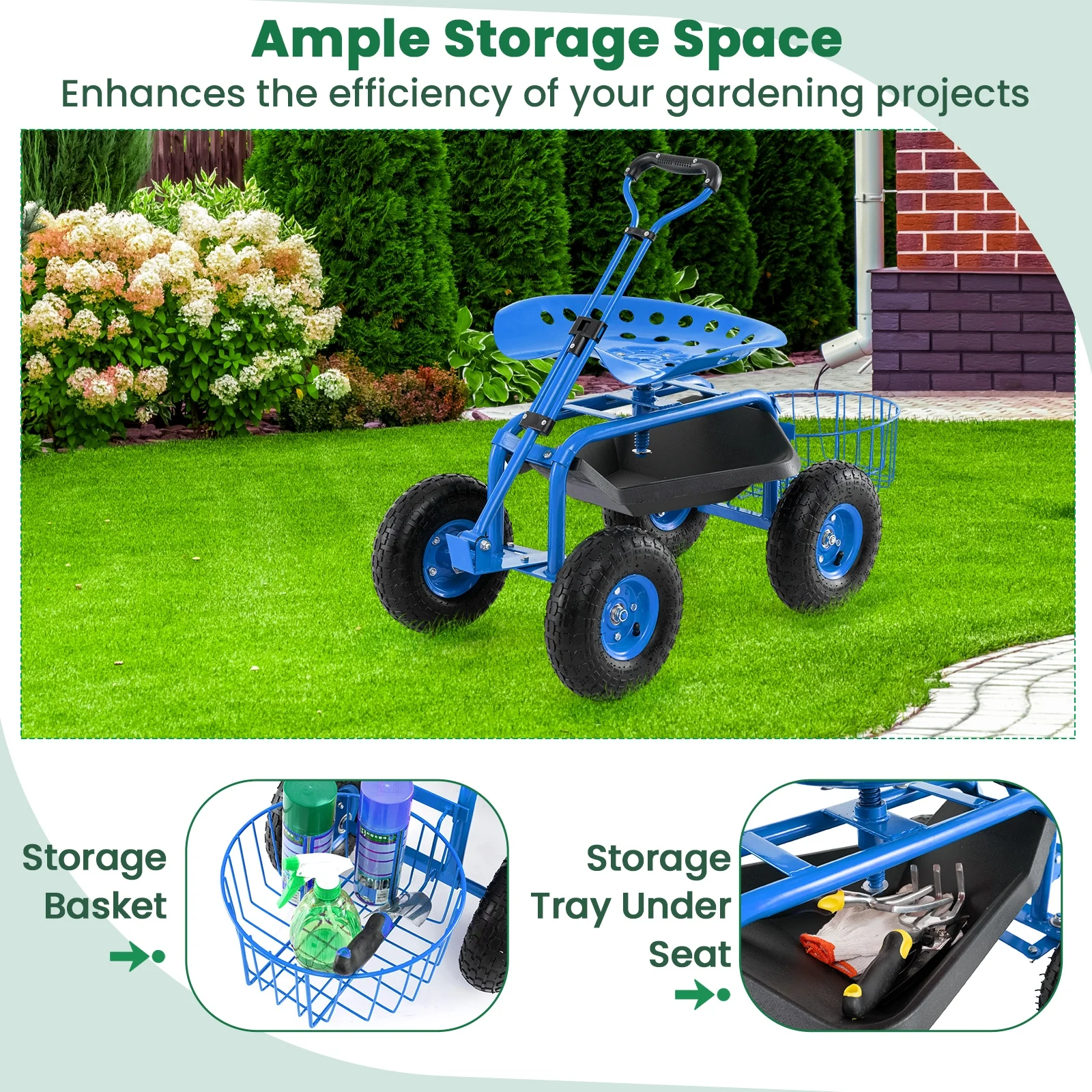 Heavy Duty Garden Cart With Tool Tray, 360 Swivel Seat, Blue - Image 8
