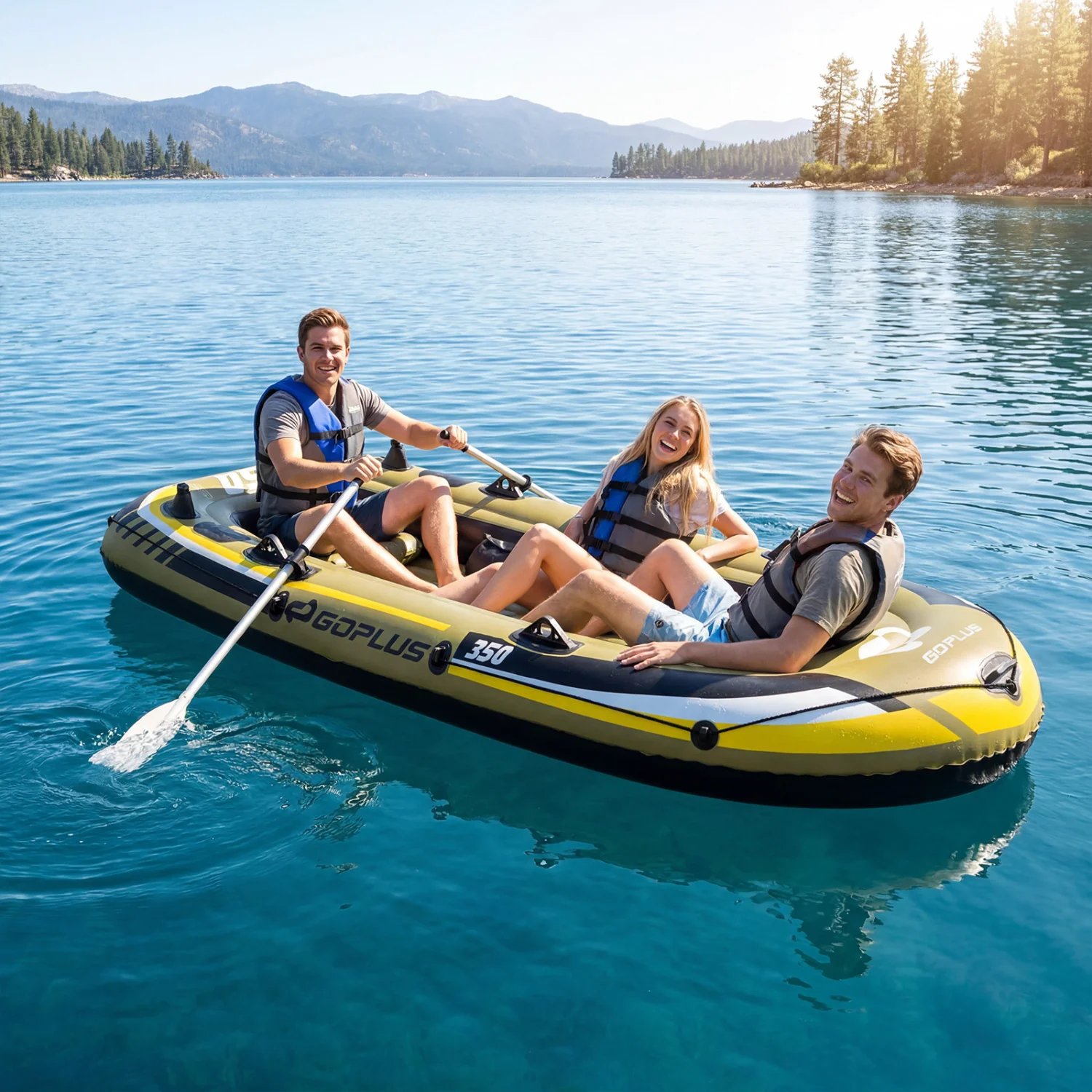 Heavy-Duty Inflatable Boat 4-Person Fishing Raft Set, Green - Image 2