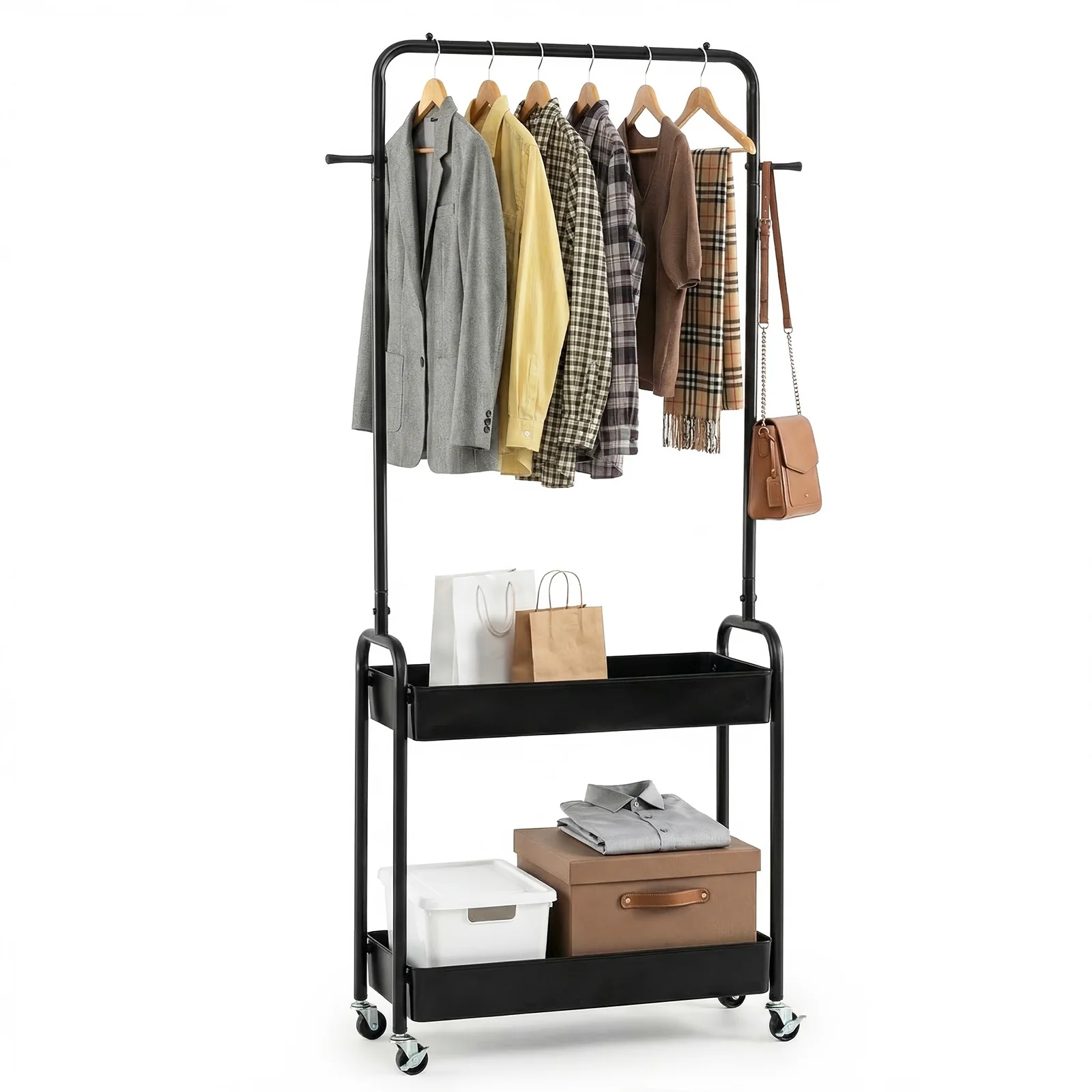 Heavy-Duty Laundry Cart With Hanging Rod, 2 Storage Baskets, Black