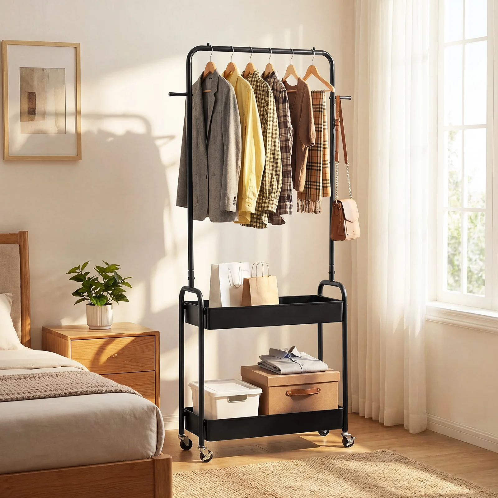 Heavy-Duty Laundry Cart With Hanging Rod, 2 Storage Baskets, Black - Image 2