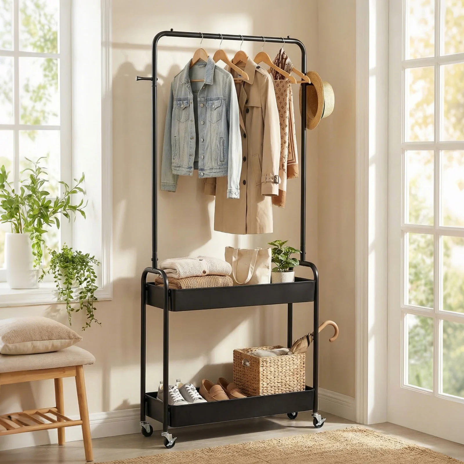 Heavy-Duty Laundry Cart With Hanging Rod, 2 Storage Baskets, Black - Image 3