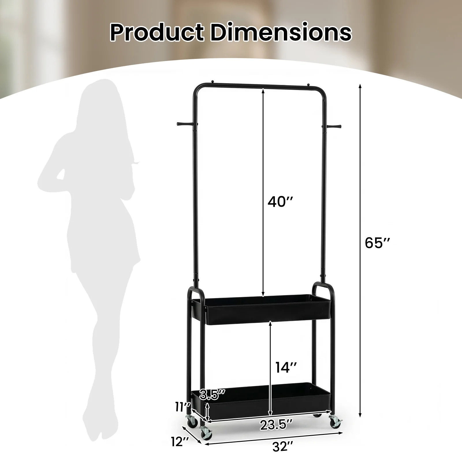 Heavy-Duty Laundry Cart With Hanging Rod, 2 Storage Baskets, Black - Image 5