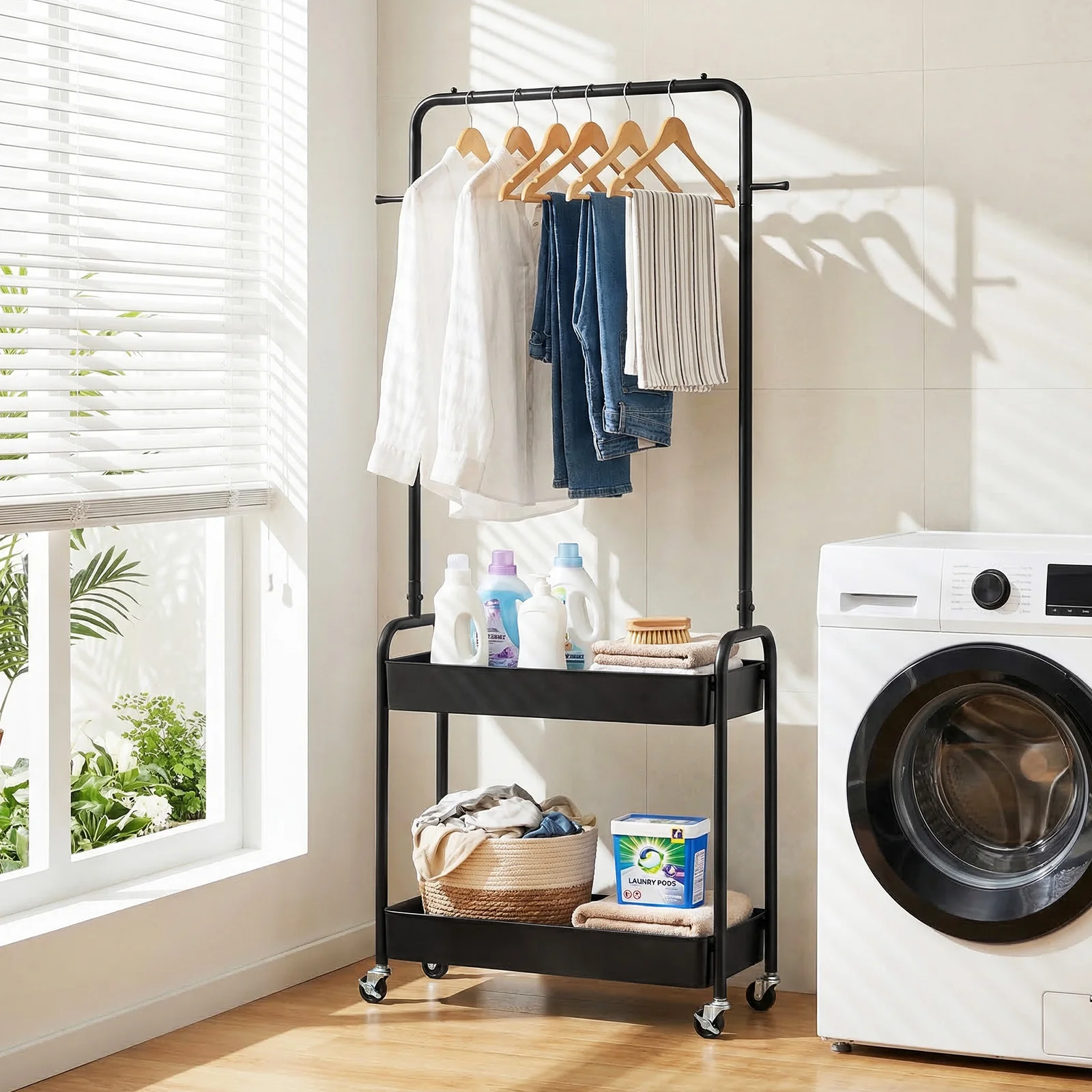 Heavy-Duty Laundry Cart With Hanging Rod, 2 Storage Baskets, Black - Image 6