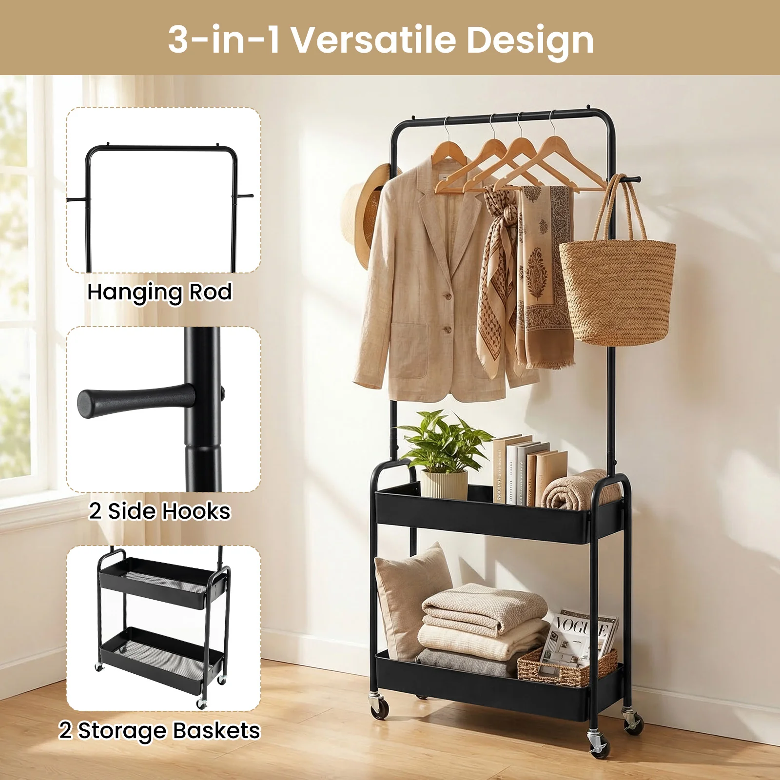 Heavy-Duty Laundry Cart With Hanging Rod, 2 Storage Baskets, Black - Image 7