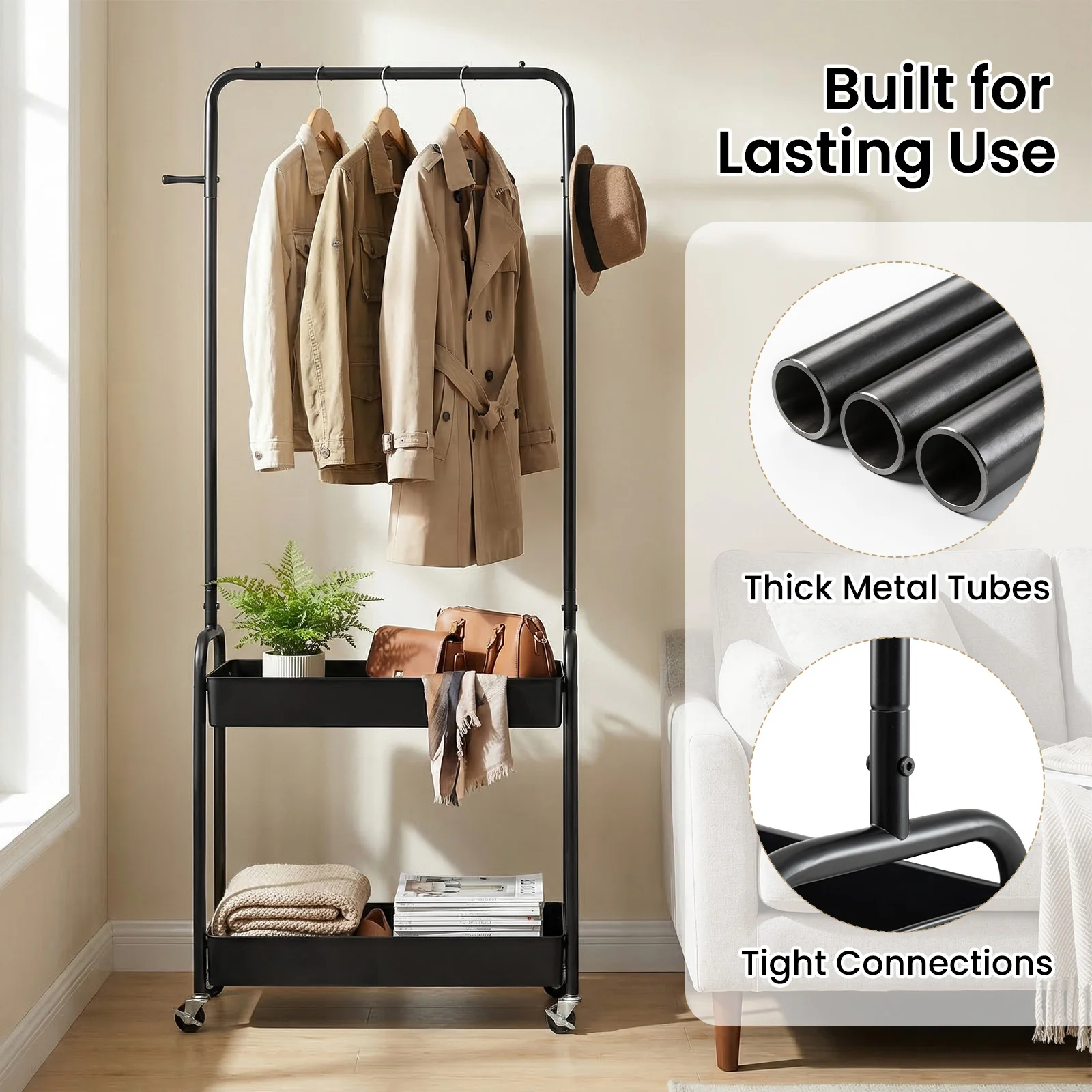 Heavy-Duty Laundry Cart With Hanging Rod, 2 Storage Baskets, Black - Image 8