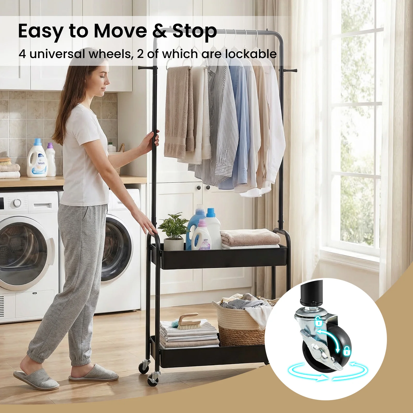 Heavy-Duty Laundry Cart With Hanging Rod, 2 Storage Baskets, Black - Image 9