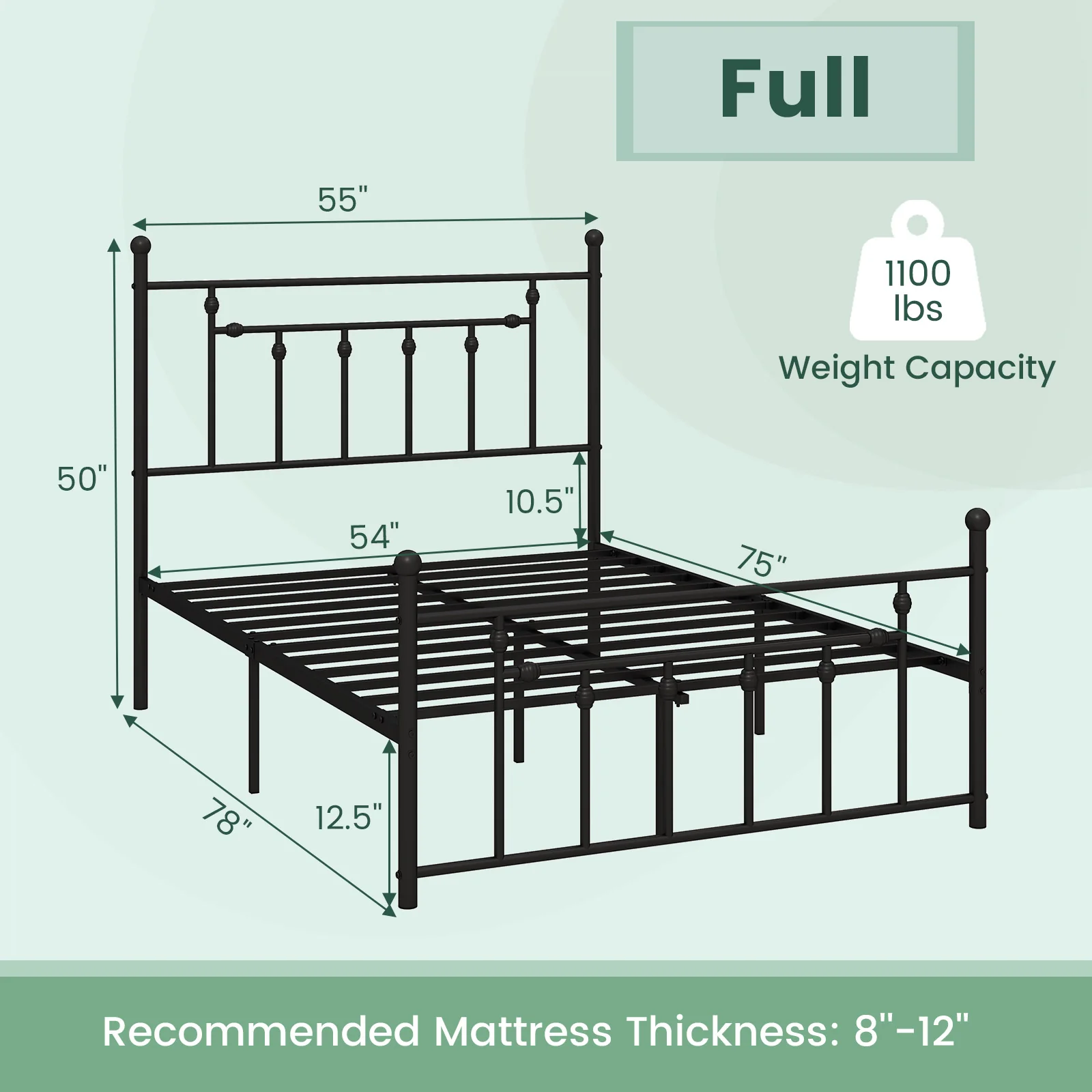Heavy Duty Metal Bed Frame, Full Size, With Headboard, Black - Image 5