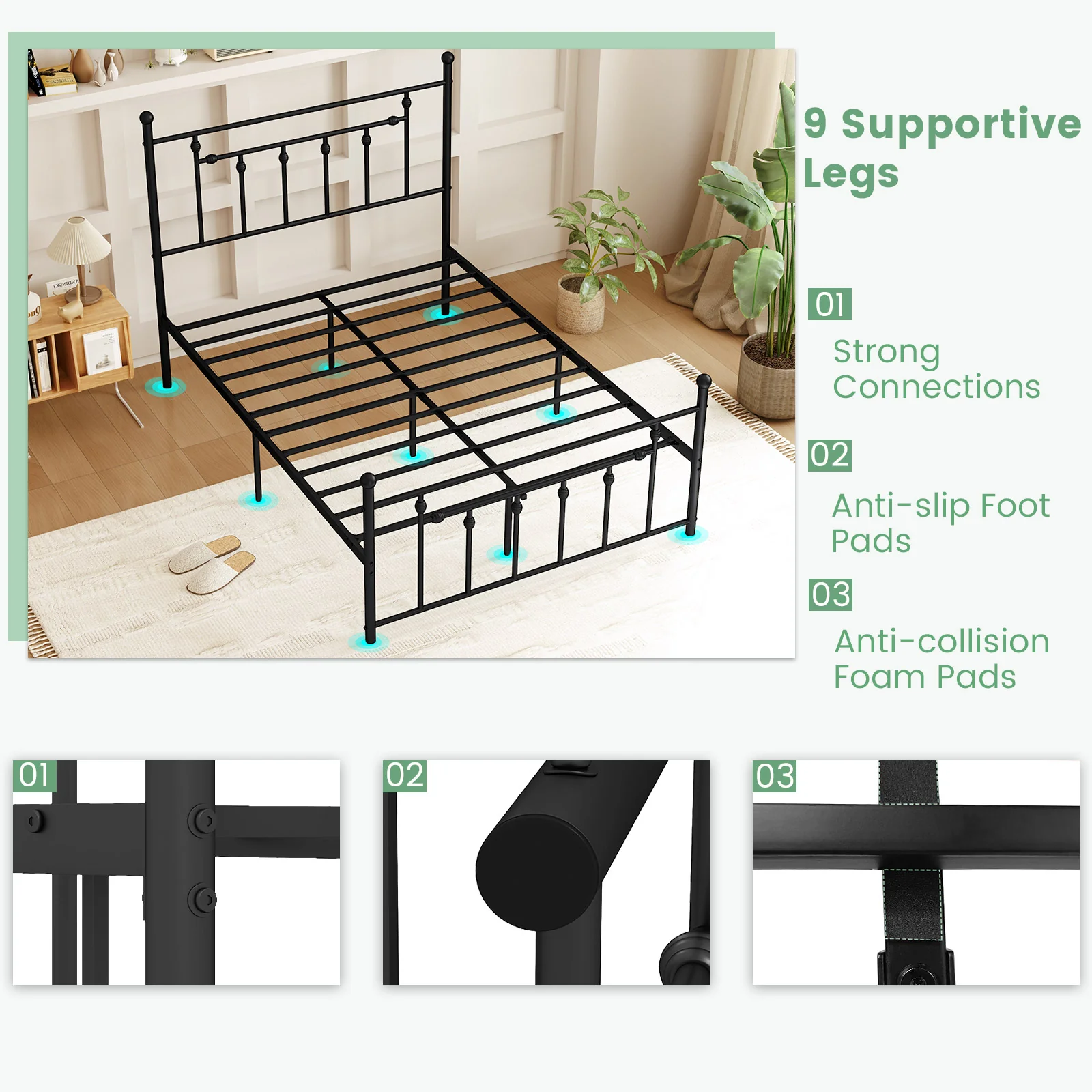 Heavy Duty Metal Bed Frame, Full Size, With Headboard, Black - Image 6