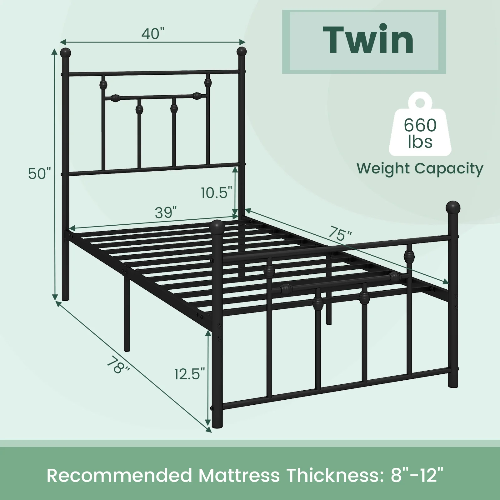Heavy Duty Metal Bed Frame, Twin Size, Black - Image 5