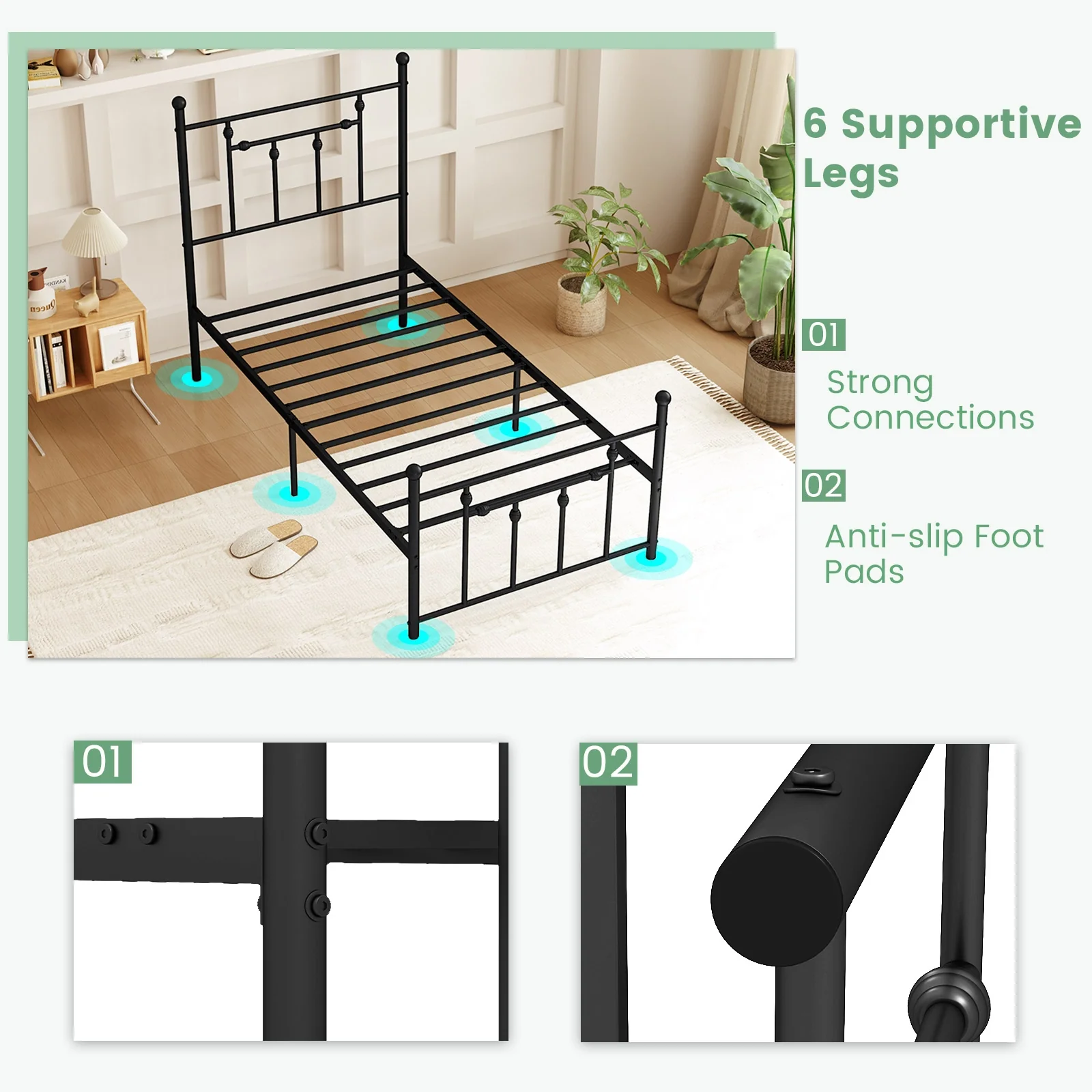 Heavy Duty Metal Bed Frame, Twin Size, Black - Image 6