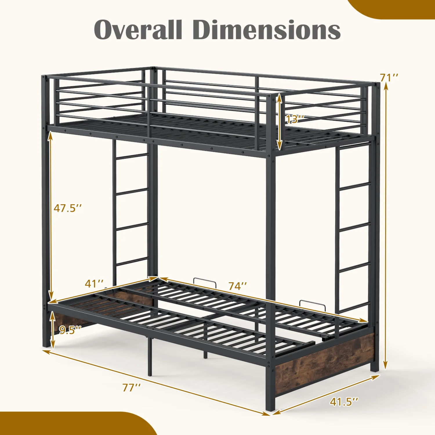 Heavy Duty Metal Bunk Bed Frame, Headboard, Footboard, Brown - Image 4