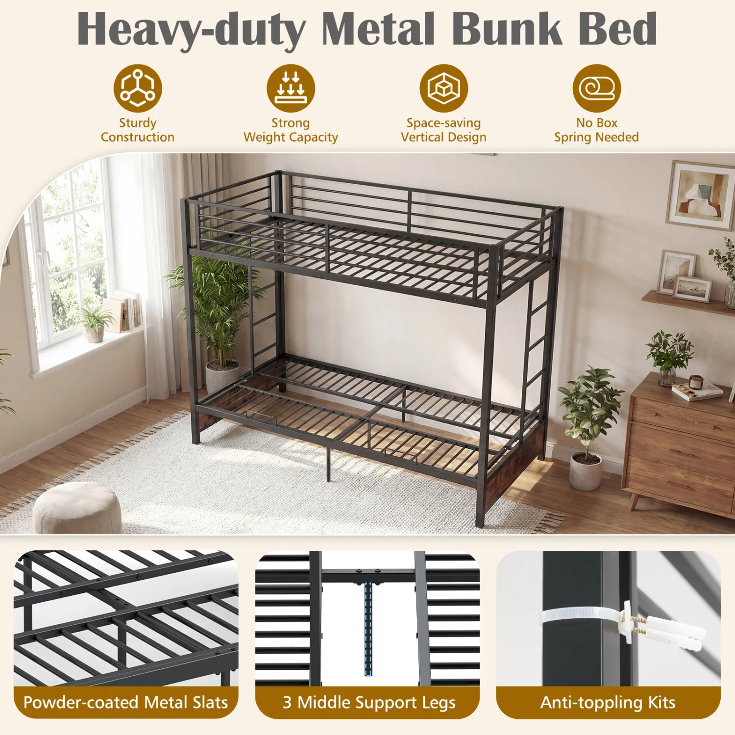 Heavy Duty Metal Bunk Bed Frame, Headboard, Footboard, Brown - Image 6