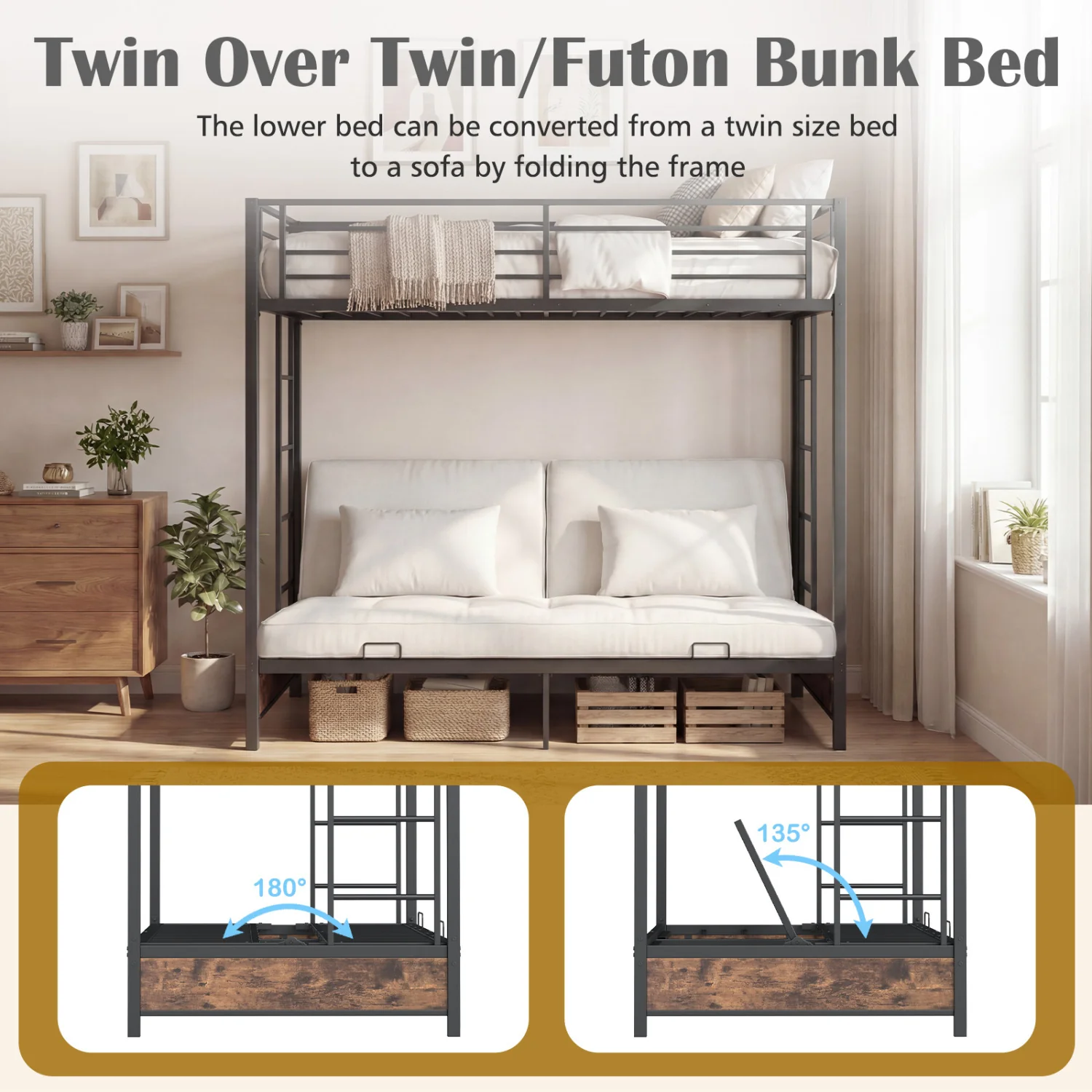 Heavy Duty Metal Bunk Bed Frame, Headboard, Footboard, Brown - Image 7