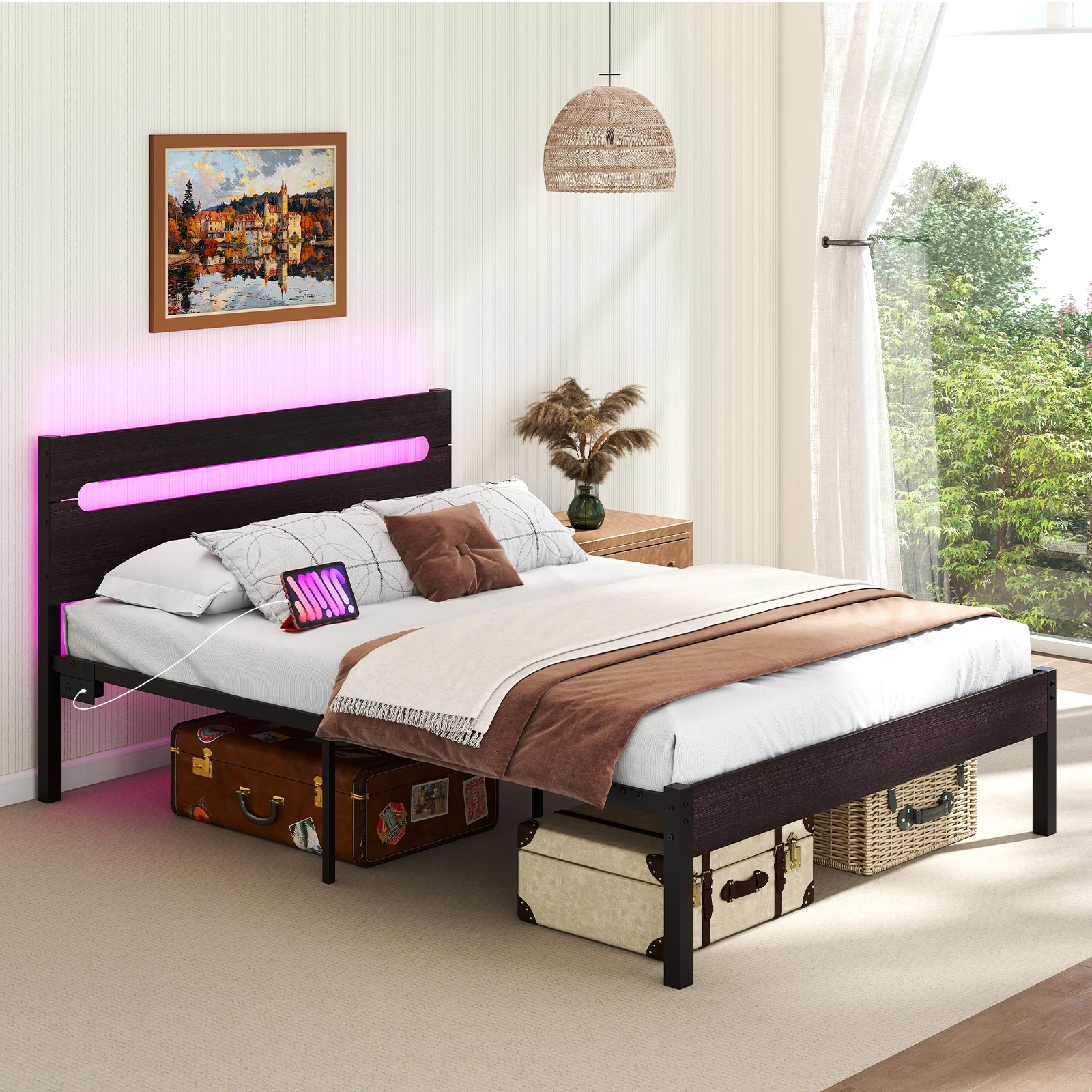 Heavy-Duty Metal Slats Bed Platform With Charging Station, Walnut - Image 2