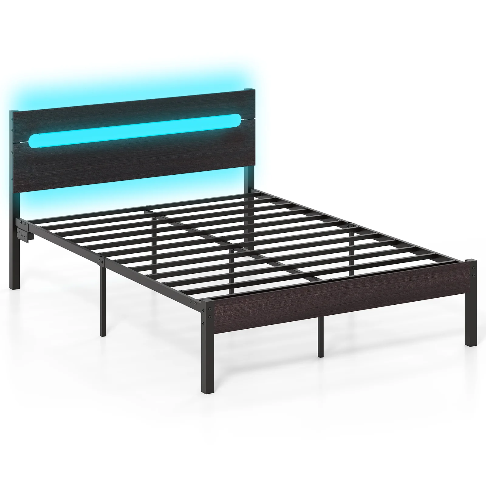 Heavy-Duty Metal Slats Bed Platform With Charging Station, Walnut - Image 4