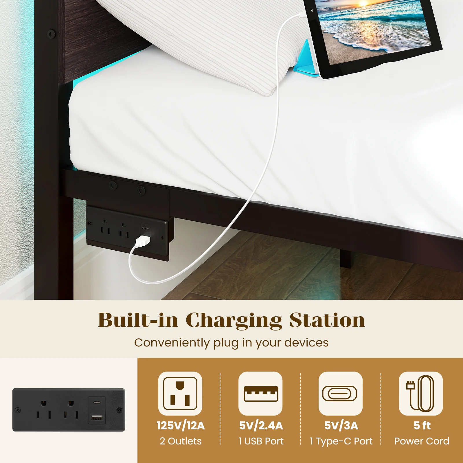 Heavy-Duty Metal Slats Bed Platform With Charging Station, Walnut - Image 7