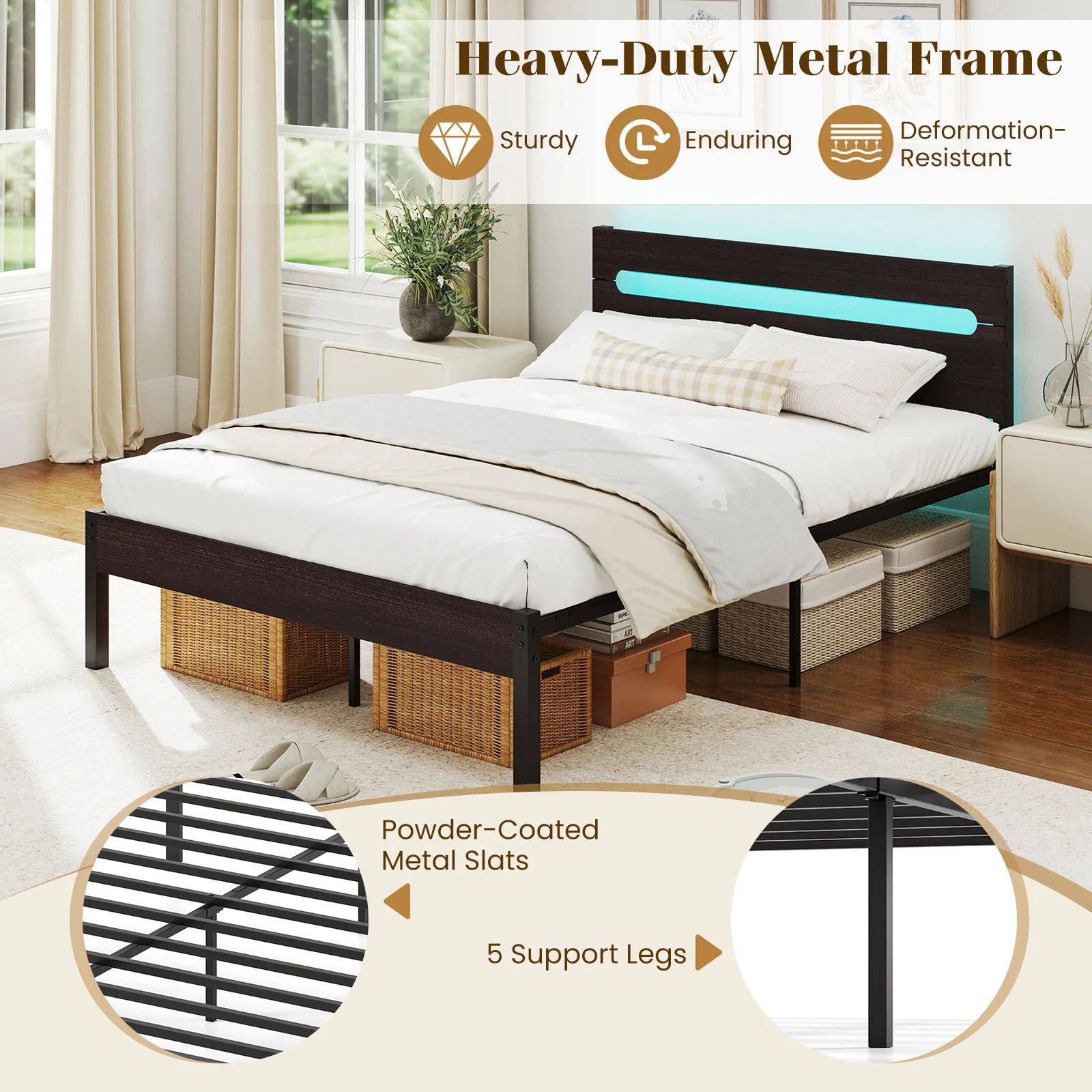 Heavy-Duty Metal Slats Bed Platform With Charging Station, Walnut - Image 8