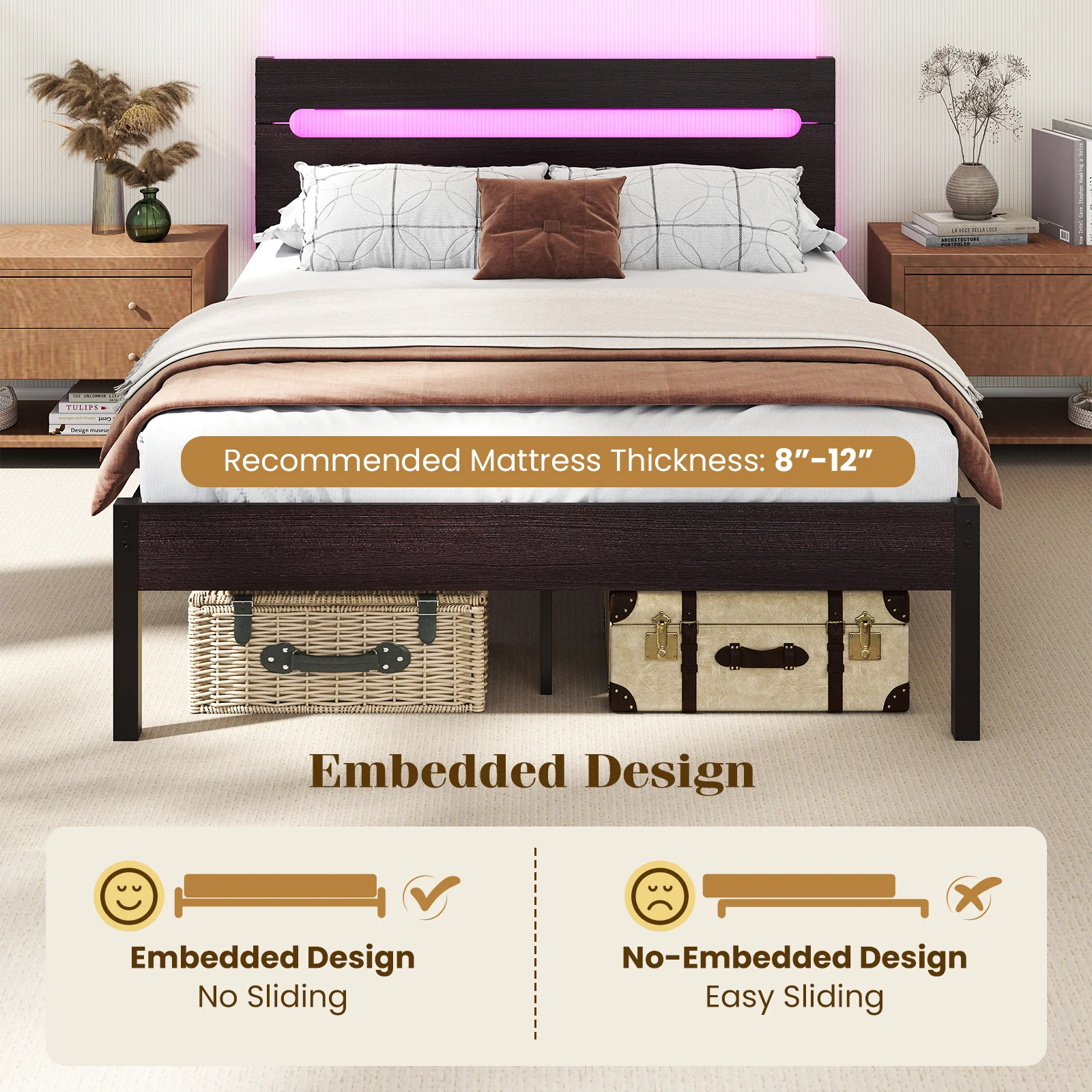 Heavy-Duty Metal Slats Bed Platform With Charging Station, Walnut - Image 9