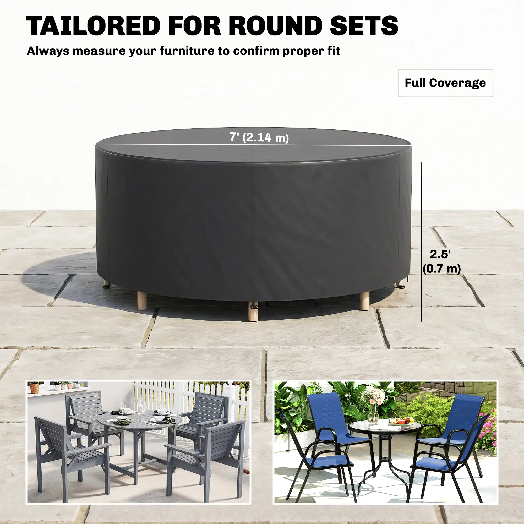 Heavy Duty Outdoor Patio Furniture Cover, Waterproof 84.3" Dia. x 27.6"H, Black - Image 3