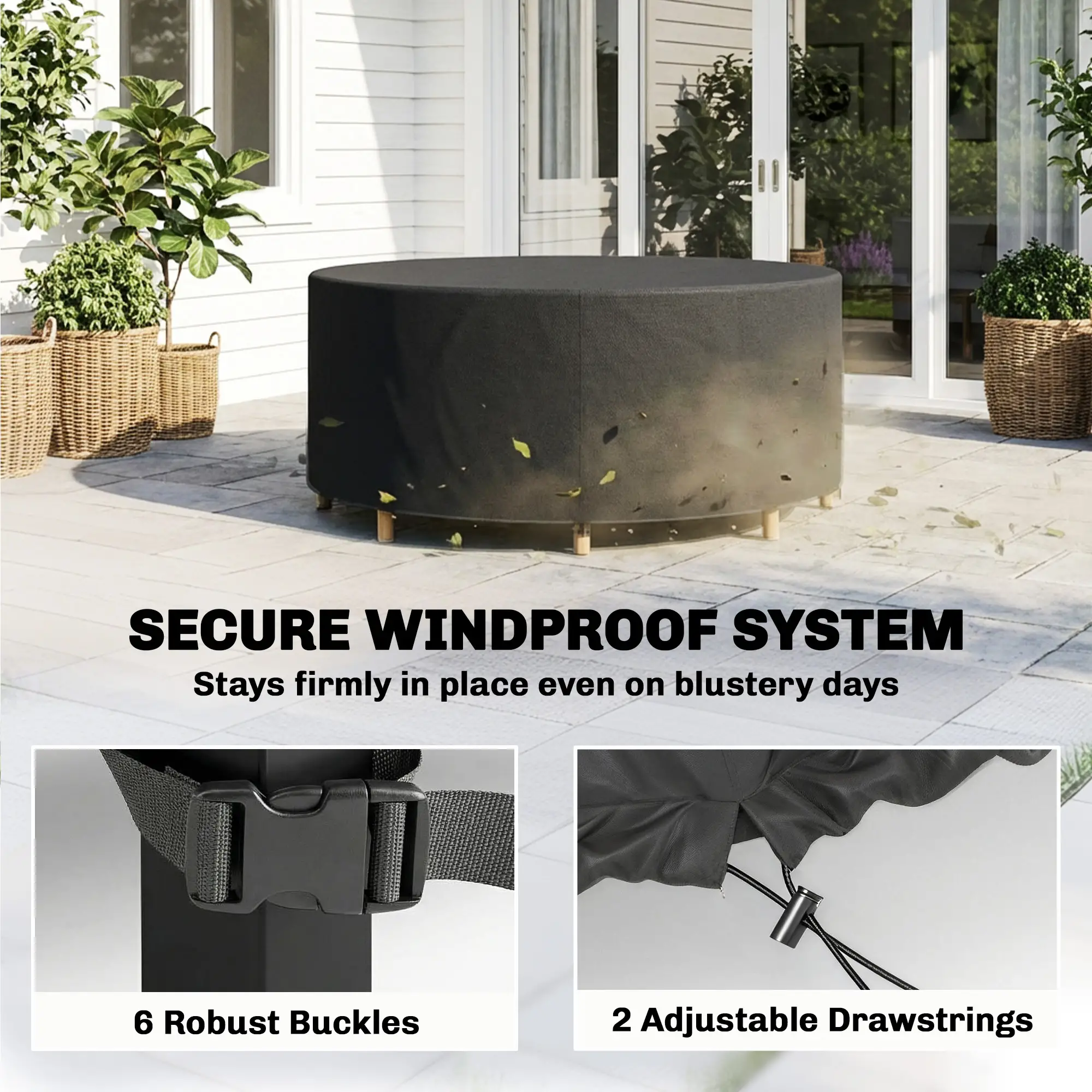 Heavy Duty Outdoor Patio Furniture Cover, Waterproof 84.3" Dia. x 27.6"H, Black - Image 5
