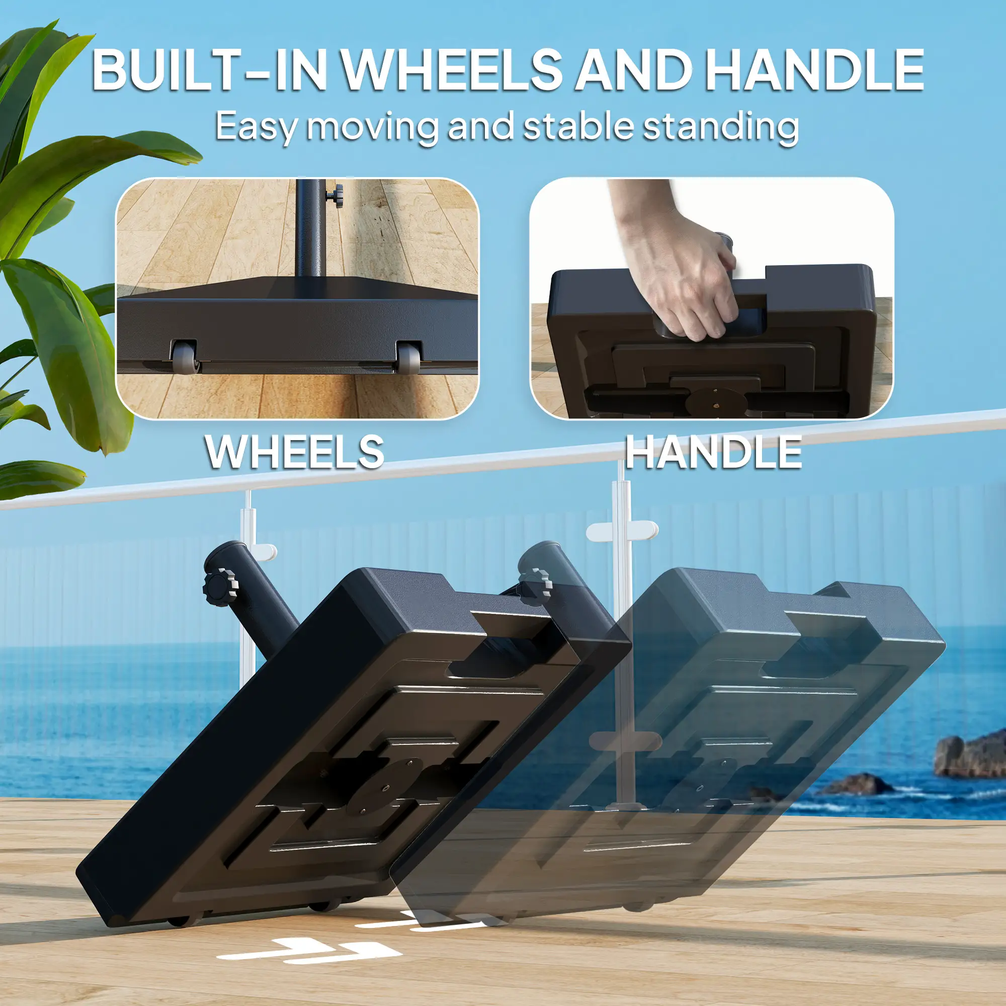 Heavy Duty Outdoor Umbrella Base with Wheels, Holds 73lbs, Black - Image 6