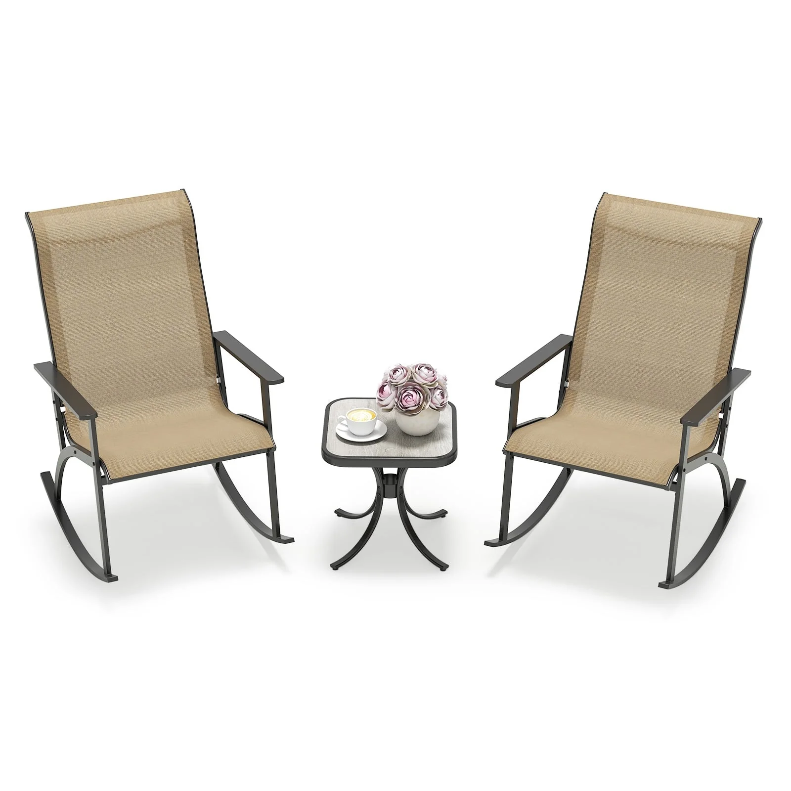 Heavy-Duty Rocking Bistro Set, High Backrest, Wood-Plastic Tabletop, Brown